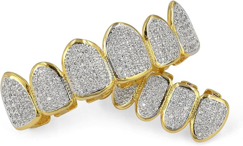 Grills for Your Teeth Simulated Diamond Teeth Grillz with Extra Molding Bars Included 18K Gold Plated Iced Out Cubic Zirconia Teeth for Men Women Silicon Oral Adjustable Silicone