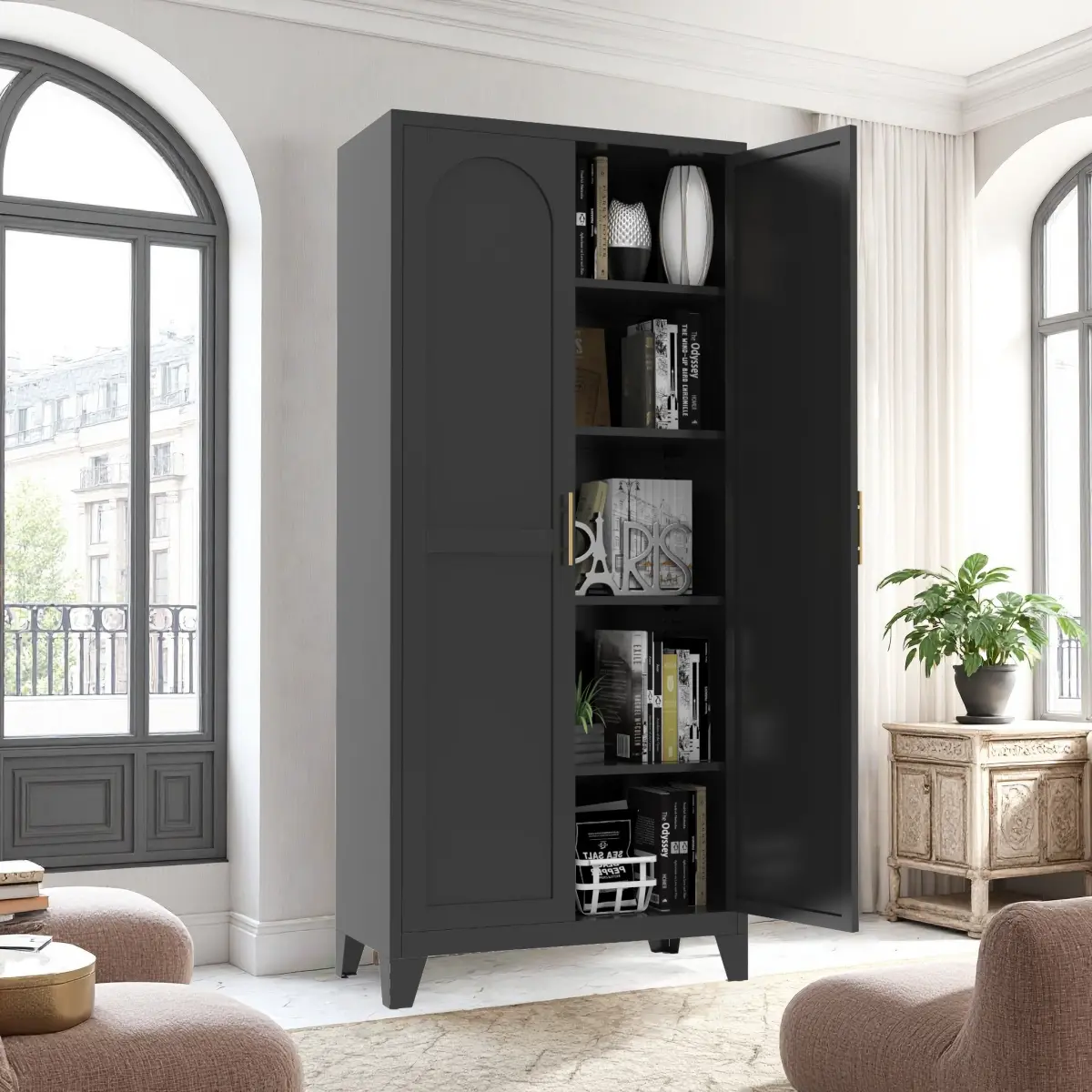 Aobtkel 71in Modern Steel Storage Cabinet - 2 Shapely Doors, Adjustable Shelves, Snap-Together Design for Bedroom, Living Room