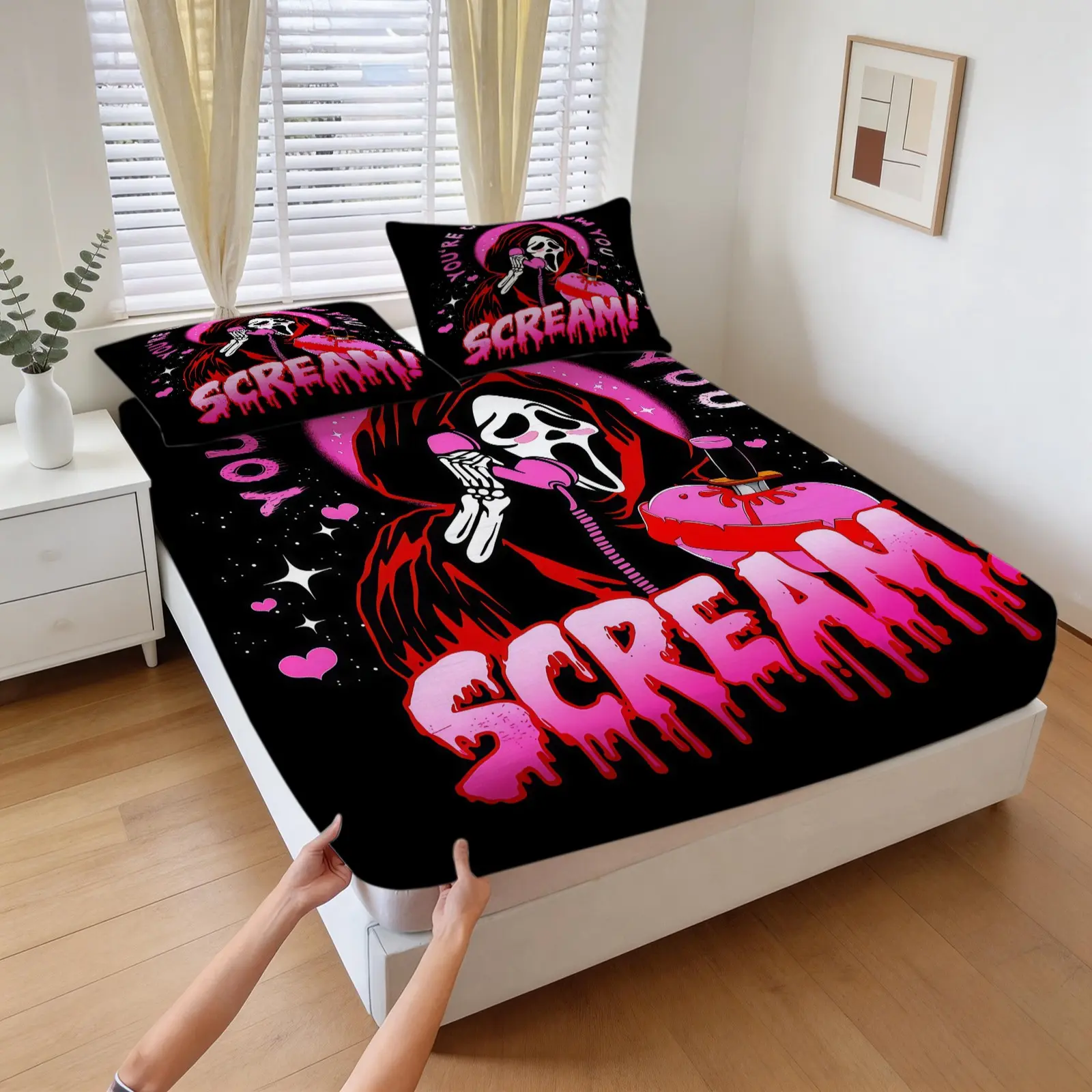 3-Piece Scream Halloween Pattern Fitted Sheet Set, Including 1 Flat Sheet And 2 Pillowcases, Soft And Comfortable Bedding, Non-Slip Dust Cover, Suitable For Bedroom And Guest Room