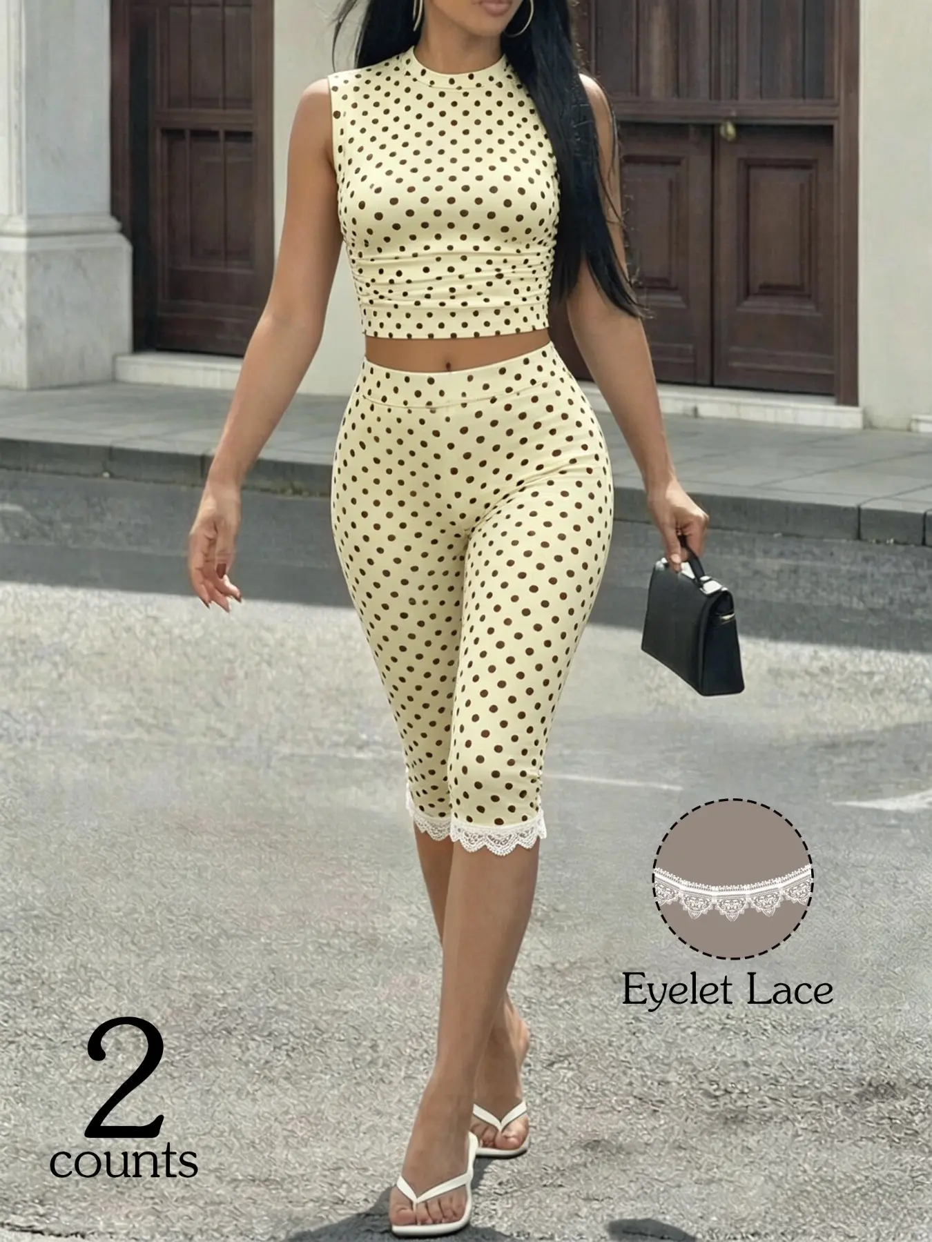 2 Pack Women's Polka Dot Sleeveless Crop Top and Capris Outfits, Boho Summer Outfits, Round Neck Slim Fit Tank Top with Lace Trim Knee Length Leggings, Casual Streetwear Sets for Daily, Workout and Vacation, Bohemian