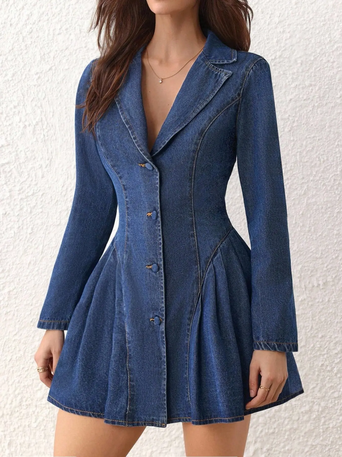 French Suit Collar V Neck Waist Cinch Denim Dress, Single Button Slim Fit Long Sleeve Pleated a Line Short Denim Skirt, Office Casual Chic Elegant, Buttoned Dress