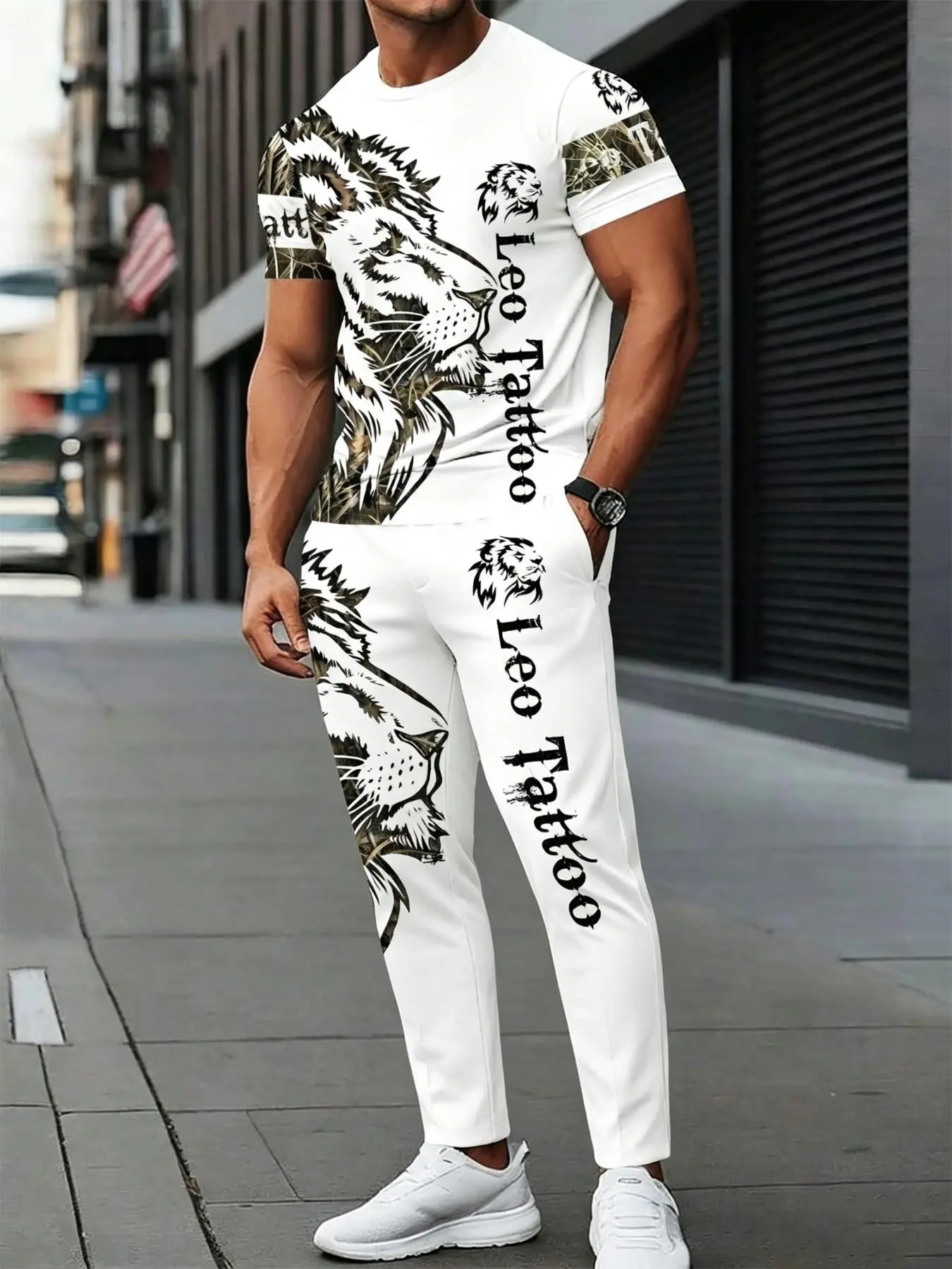 Men's set of short sleeved pants, domineering animal graphic printed clothing, versatile loose two-piece set for going out