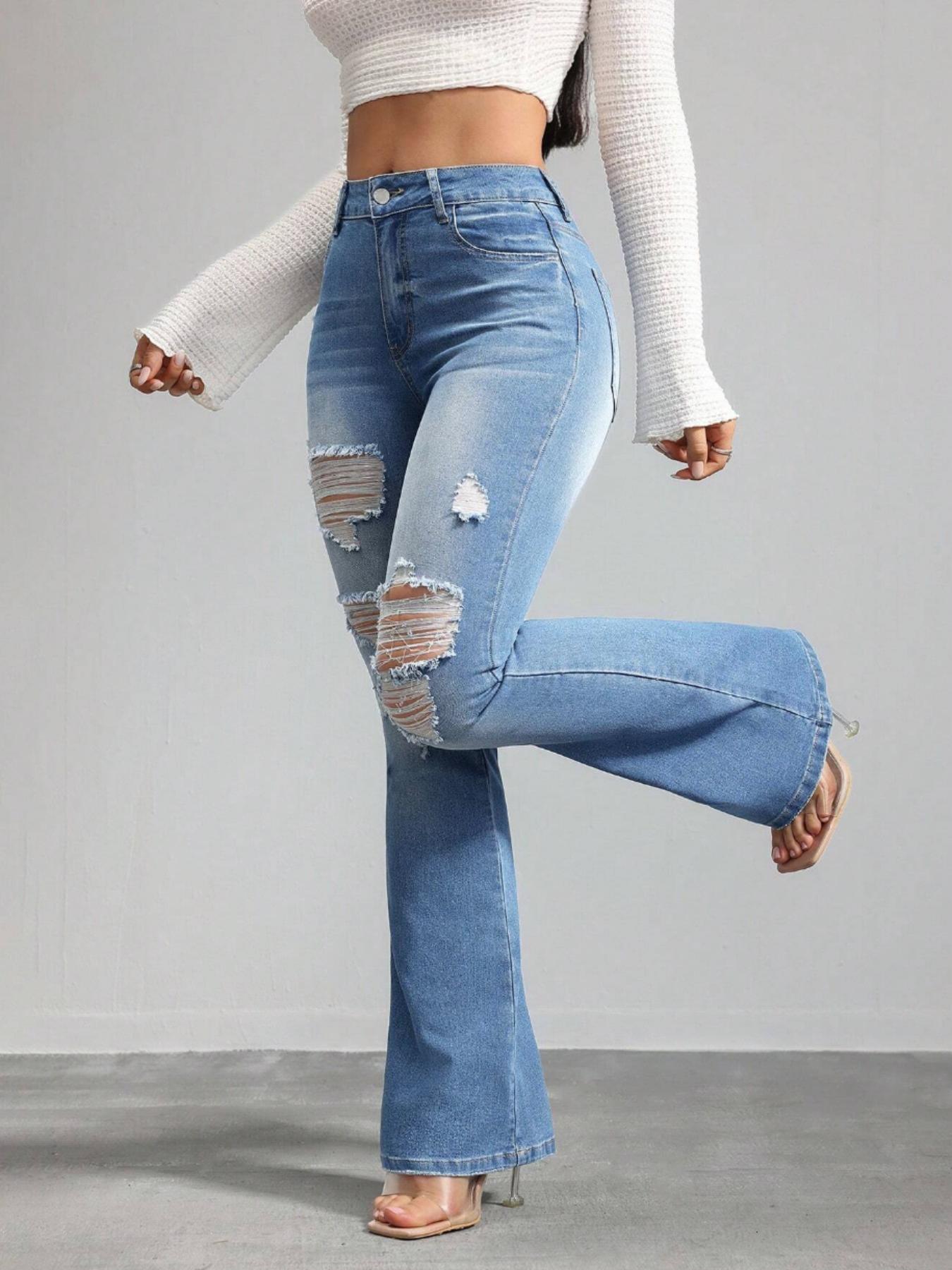 OBlue Jeans Women's Flare Leg Jeans, Casual Comfy Stretchy High Waist Bell Bottom Trousers for Daily Wear, Ladies Bottoms for All Seasons, Pants