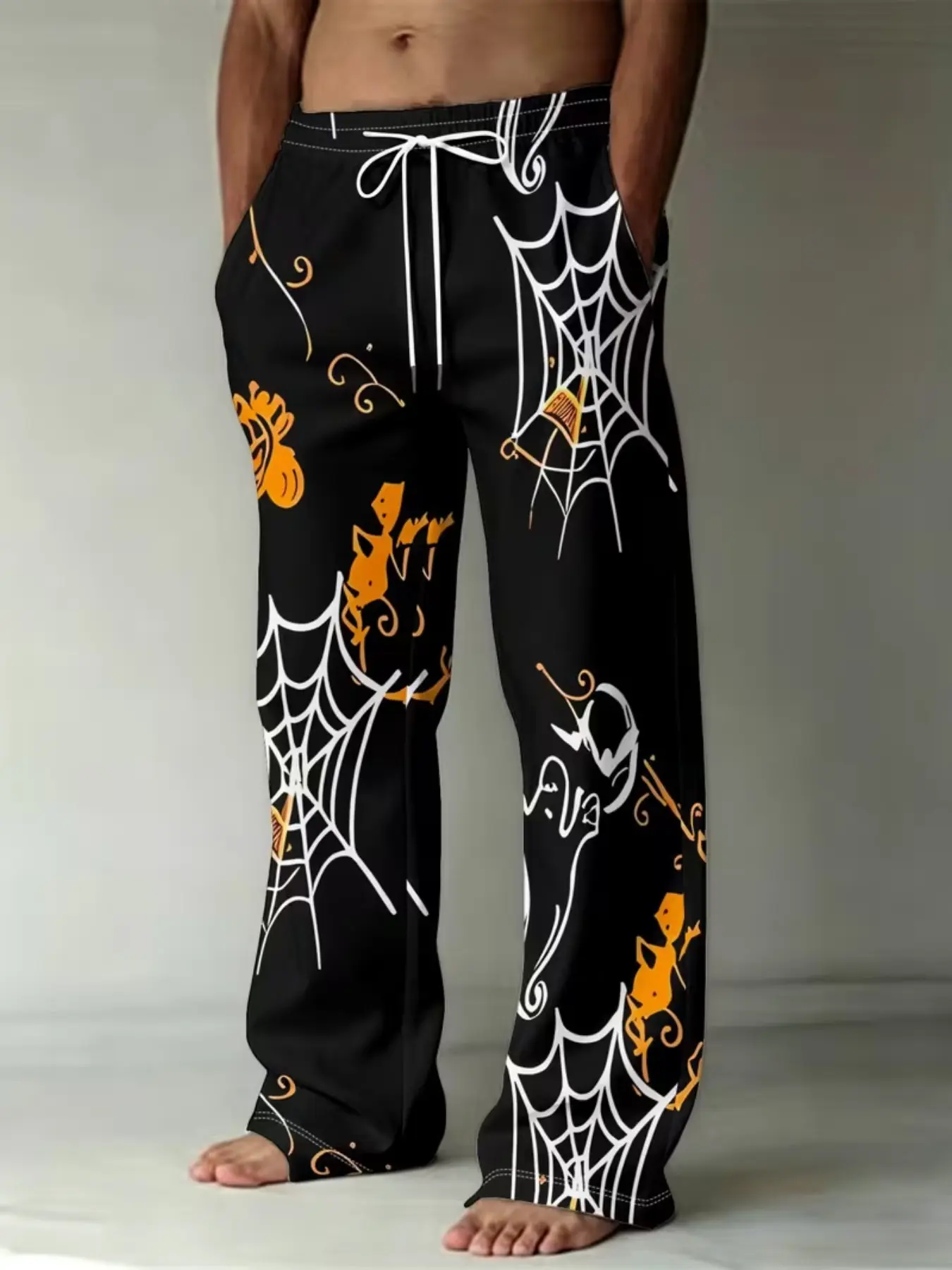Men's Halloween Print Straight Leg Pants, Background with Spider Web Pumpkin Ghost, Pocket Drawstring Design, Casual Loose-Fit Trousers