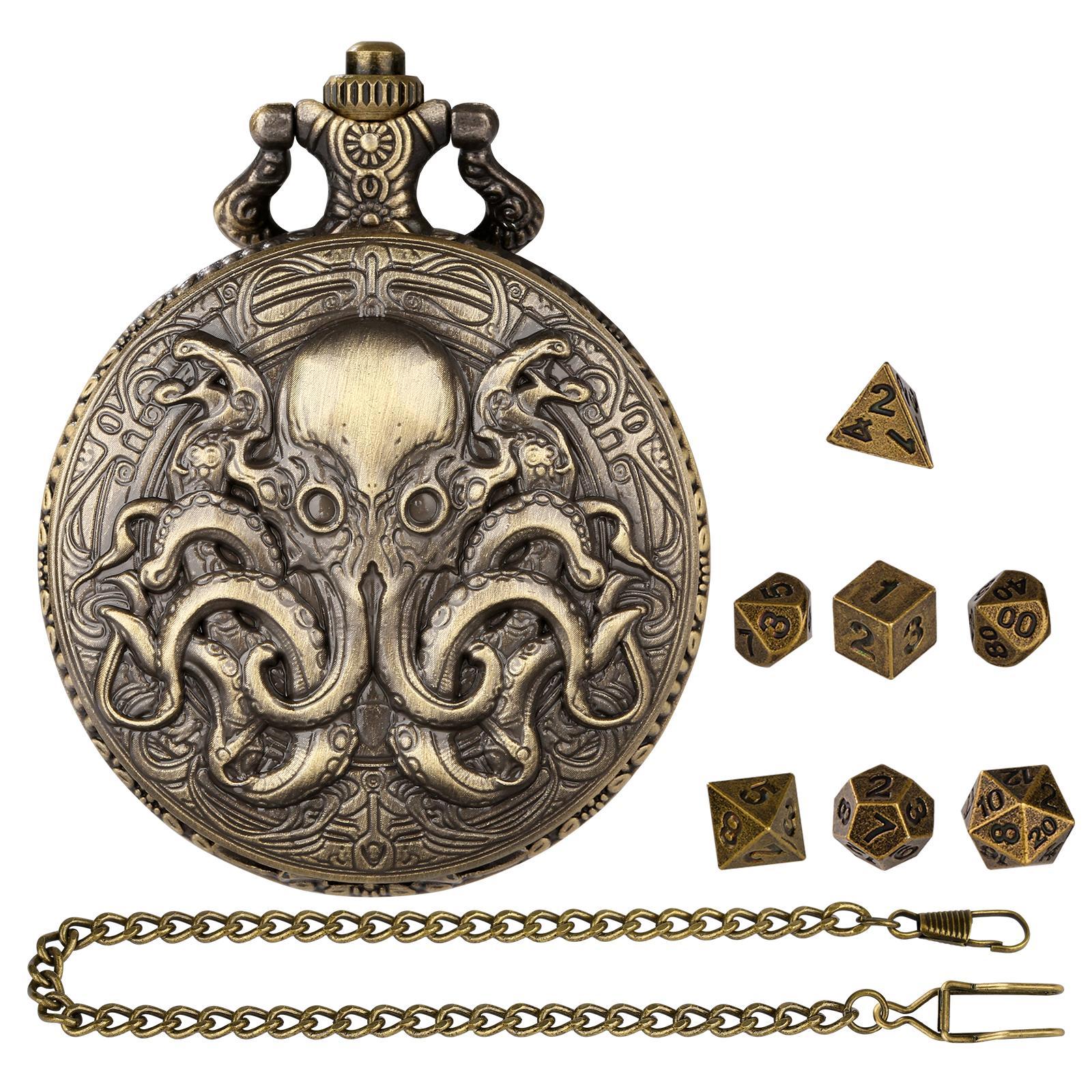 Double Eye Octopus Design Pocket Watch with Chain & Dice Set, 1 Set Role Playing Game Accessories, Cosplay Game Accessories