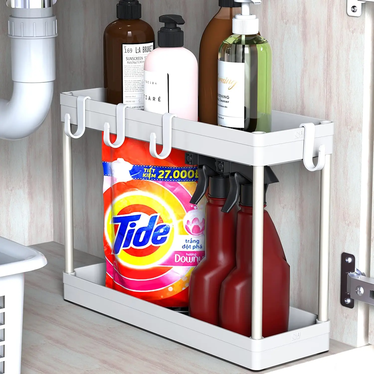 2-Tier Under Sink Organizer Storage Tray with Hooks, White