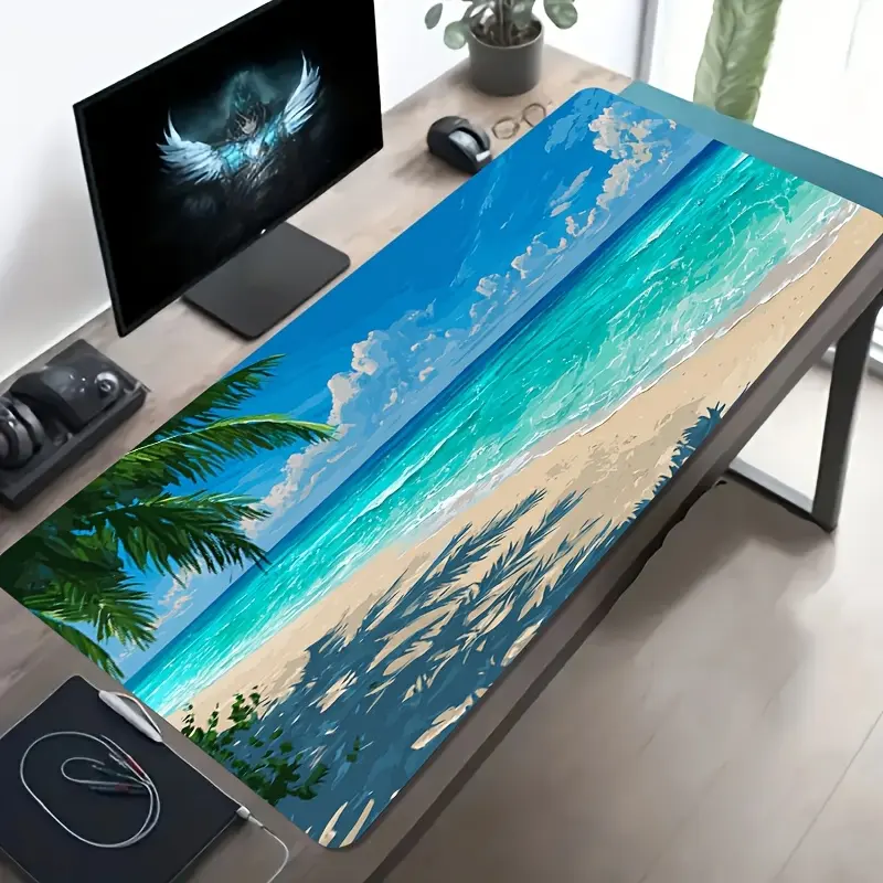 1-piece gaming mouse pad |   Tropical beach blue ocean view design, non-slip washable rubber base, suitable for office desk decoration and long table layout, perfect gift for gamers