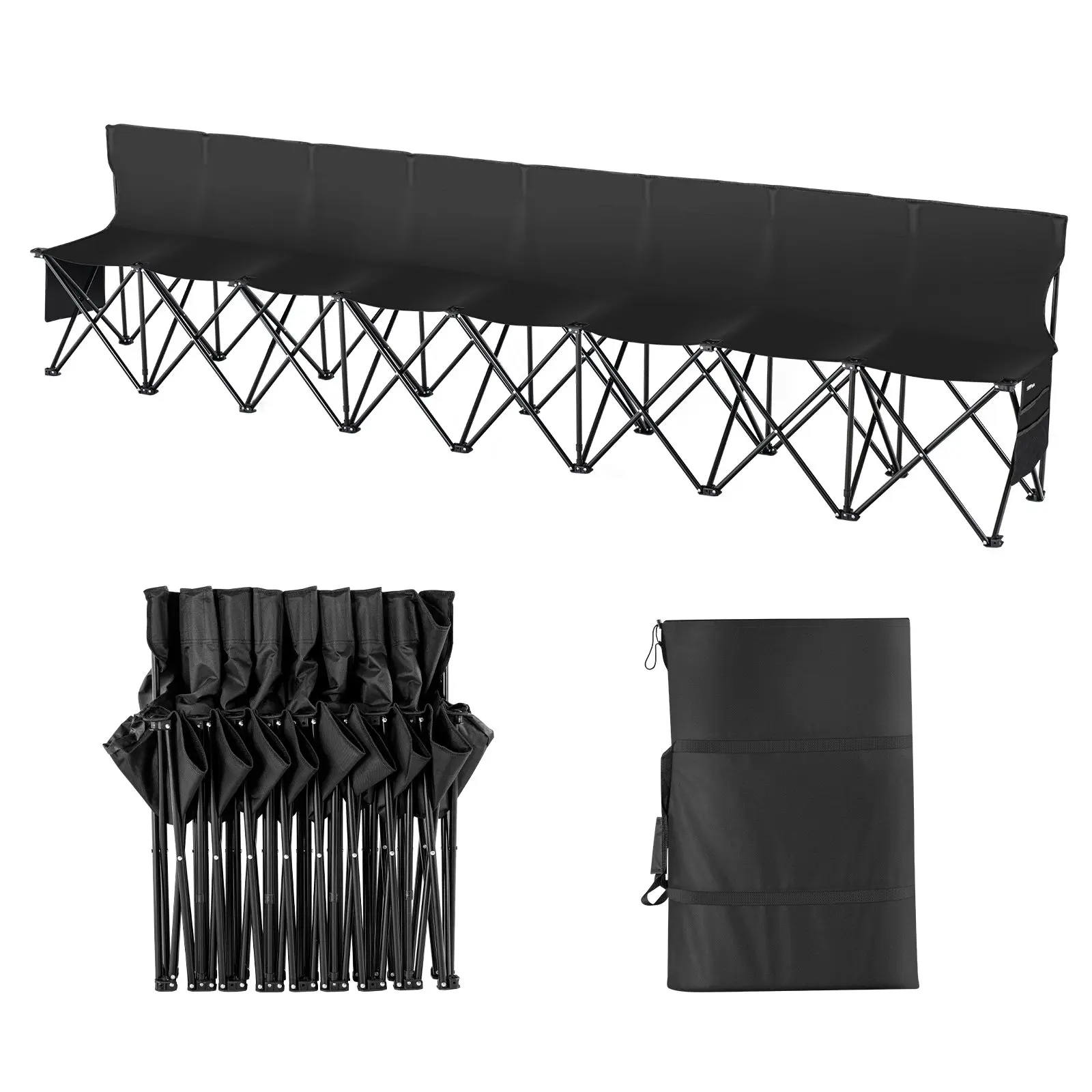 VEVOR Portable Folding Bench, 8 Seat Foldable Soccer Bench with Side Pockets and Carrying Bag, Lightweight Sideline Seating with Back Rest for Football, Baseball, Camping, Outdoor Events, Black