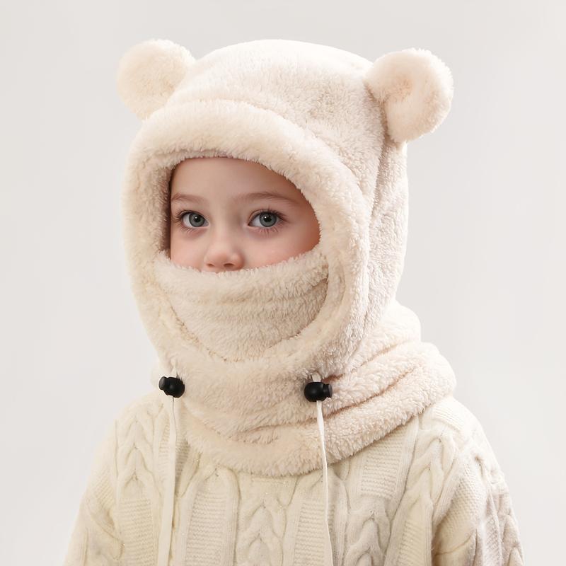 Kids Winter Cute Ear Warm Balaclava with Hood - Lightweight Windproof Face Mask for Outdoor Skiing & Cycling, Thickened Polyester, Adjustable Drawstring, Machine Washable, White with Black Accents