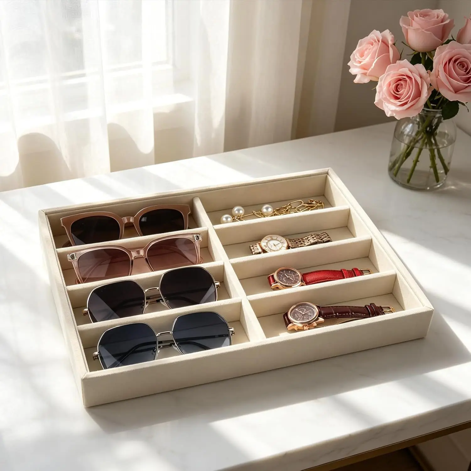 1PC Velvet Sunglasses Storage Tray, Accessory Holder, 8-Compartment Drawer Organizer, Stackable Display Box, Drawer Storage Boxes, Scratch-Resistant Lining, Unisex, Standard Drawer Fit