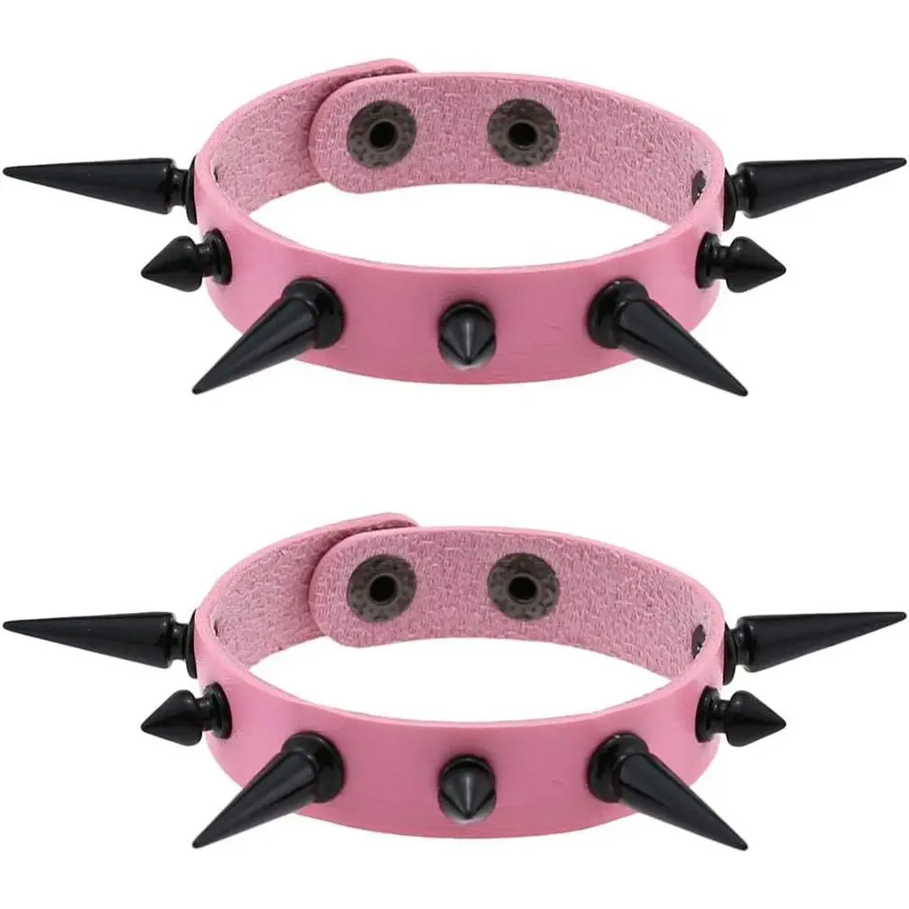 Women Multicolor PU Simulated Leather Black-Tone Long and Short Rivets Spike Spiked Punk Gothic Adjustable Bracelet, Pack of 2