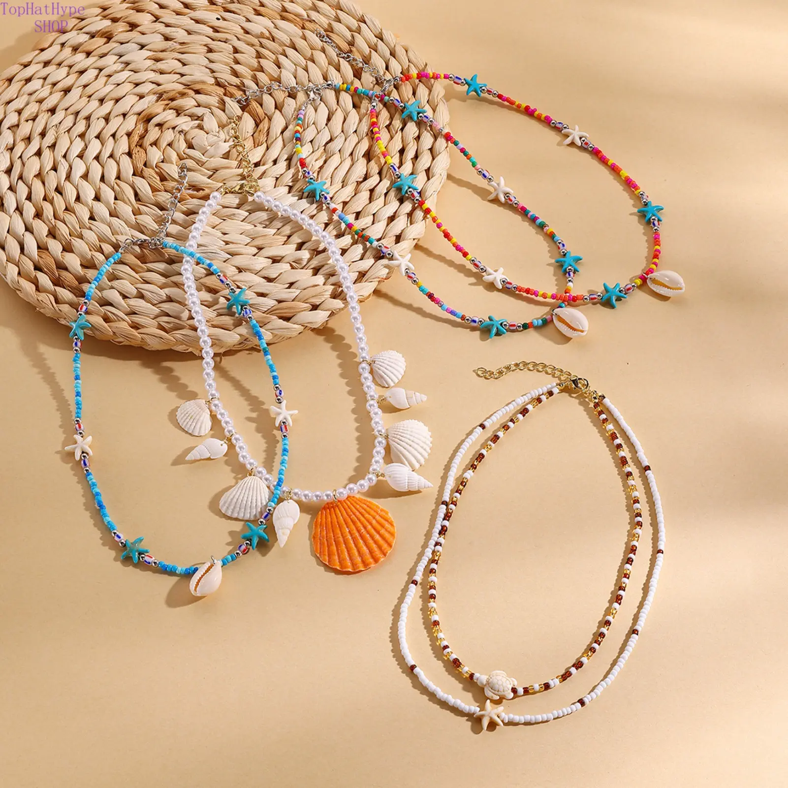 Trendy Boho Multicolor Beads Necklace for Women, Shell Jewelry with Conch Accent for Seaside Styling, Natural Shell, Casual Beach Outfits, Ethnic, Seed Bead Mix, Bohemian Look