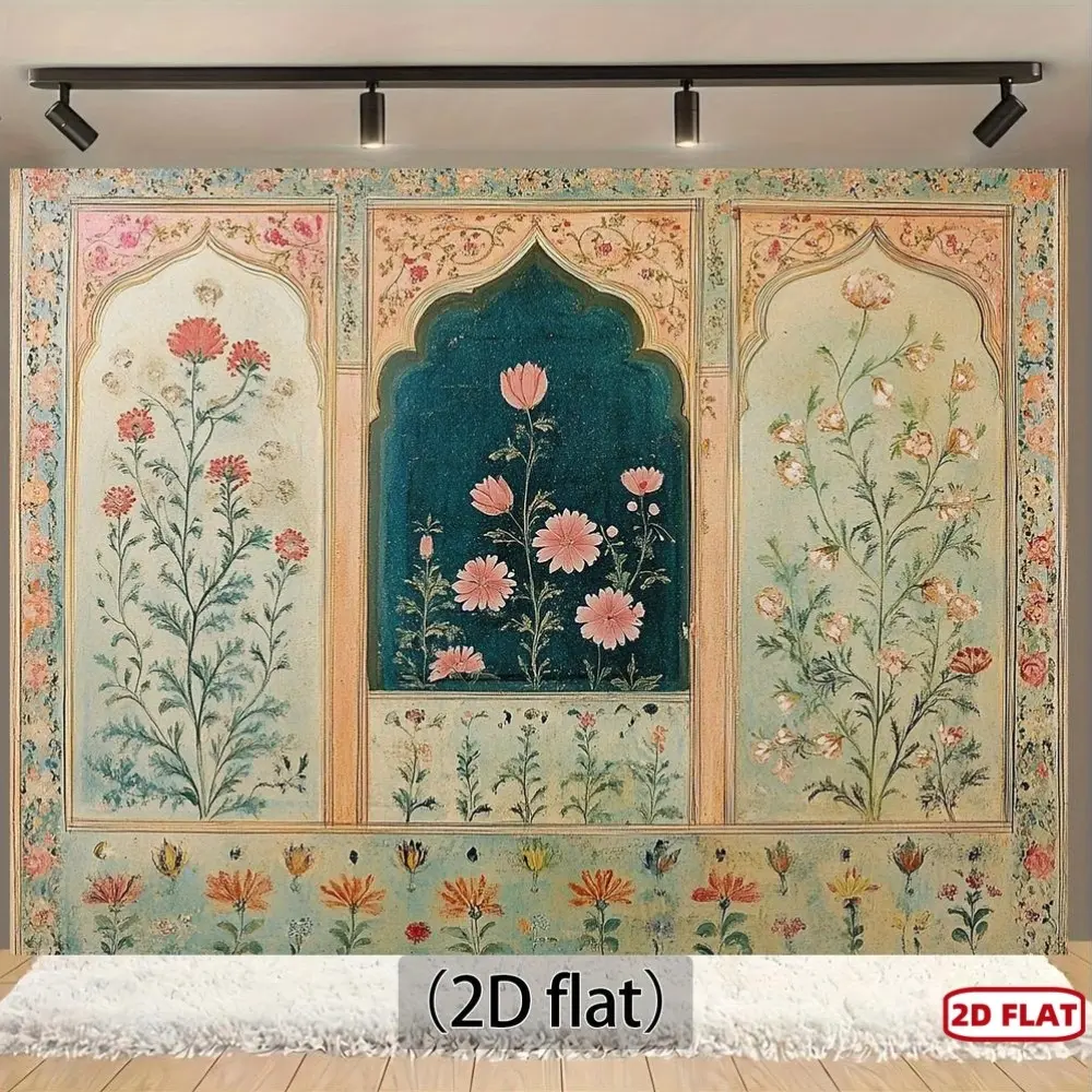 2D Falt  Bohemian Floral Backdrop Fabric, Featuring Vintage Indian Botanical Designs with Pink, Orange, And Teal Flower Patterns. This Flat Hanging Is Perfect for Home Decoration And Weddings