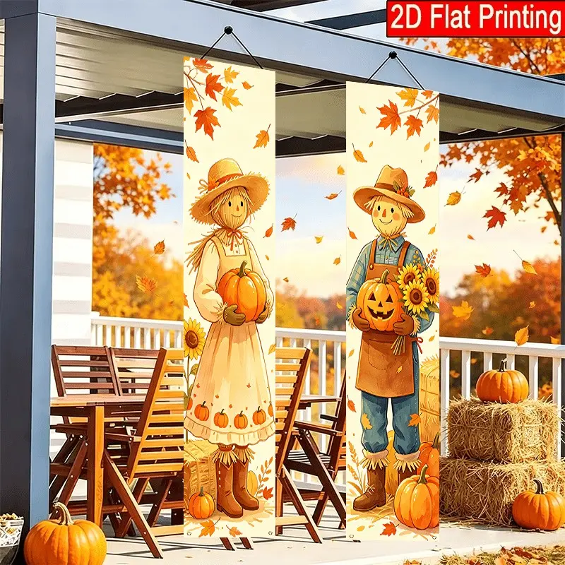 Autumn Harvest Festival Porch Banner, 12x70.8 Inch Polyester Door Decor, Scarecrow Design, Outdoor Courtyard Decoration