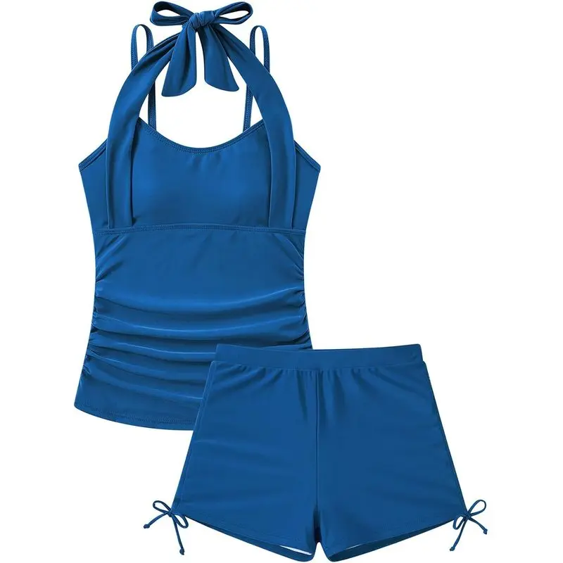 Girls Tankini Swimsuit 2 Piece Halter Neck Bathing Suit Size 7-16 AdjustableStraps Removable Pads Drawstring Shorts Swimwear for Beach Pool SummerVacation