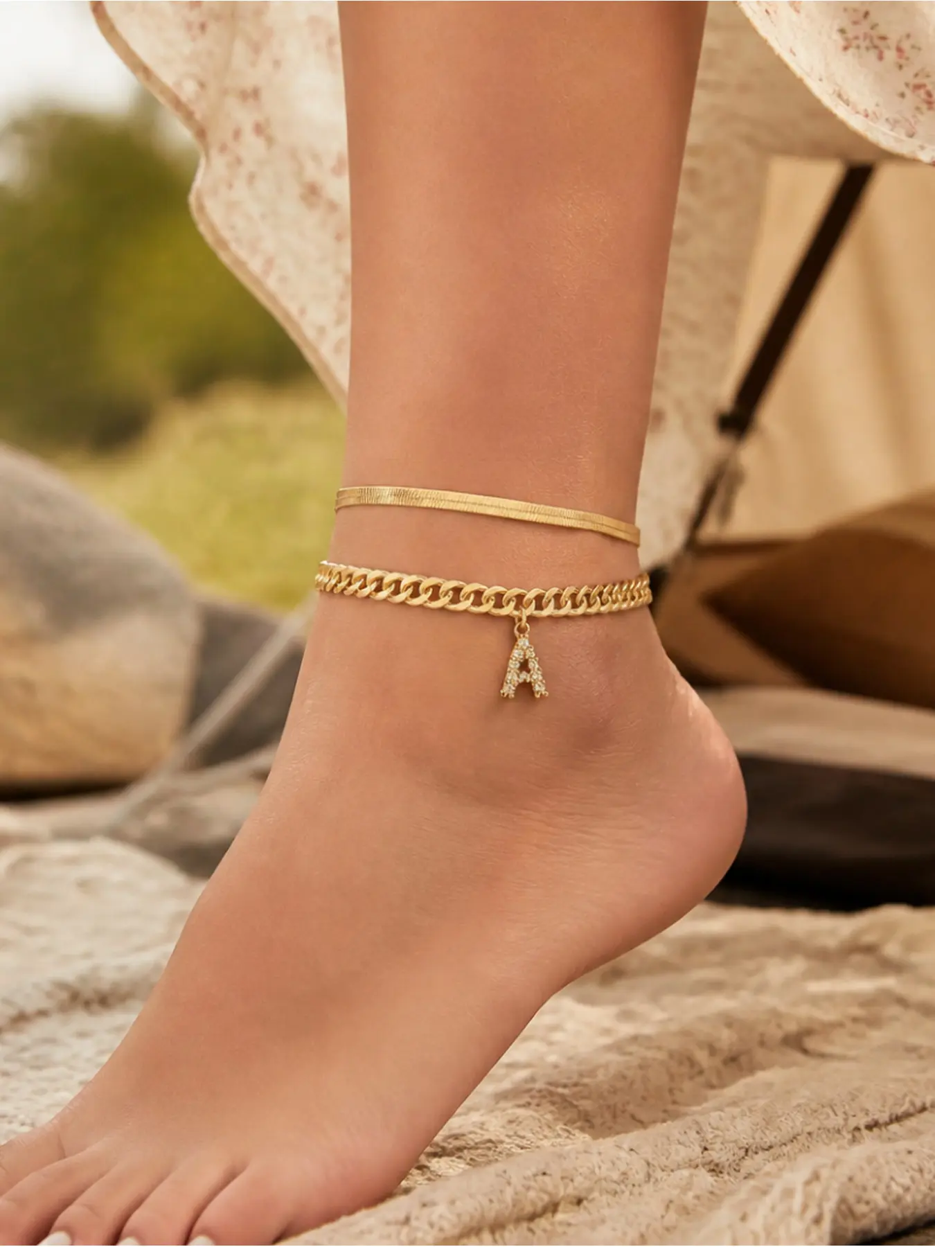 2Pcs Dainty Layered Ankle Bracelet Set With Rhinestone Initial Charm, Minimal Luxury Y2K Foot Jewelry For Women, Beach Vacation Daily Stack Accessory, Custom Personalized Gift For Lovers & Best Friends
