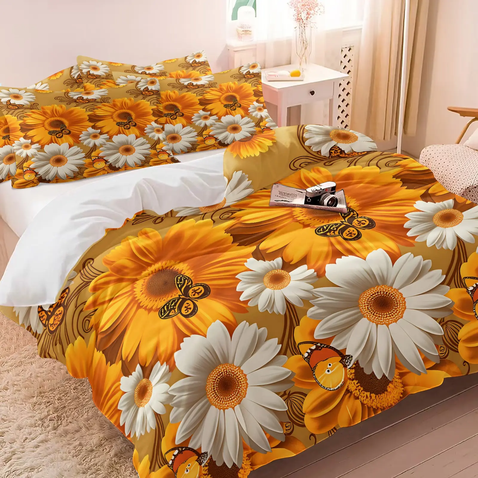 3 Pieces Yellow Sunflower Daisy Butterfly Comfy Bedding Set, HD All Season Printing, 1 Duvet Cover + 1/2 Pillowcases Without Filler, Floral & Butterfly Print Decor Bedding for Home & Dorm