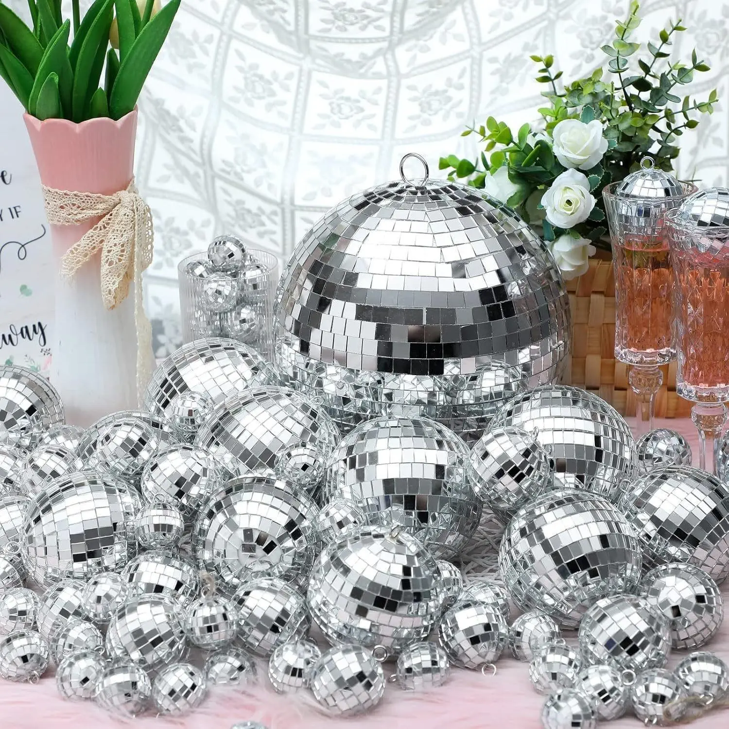 36-Piece Silver Color Disco Ball Set, Large Reflective Glass Ornaments, 70s Retro Parties, No Power Needed, Perfect Home Decor, Party Decor Set