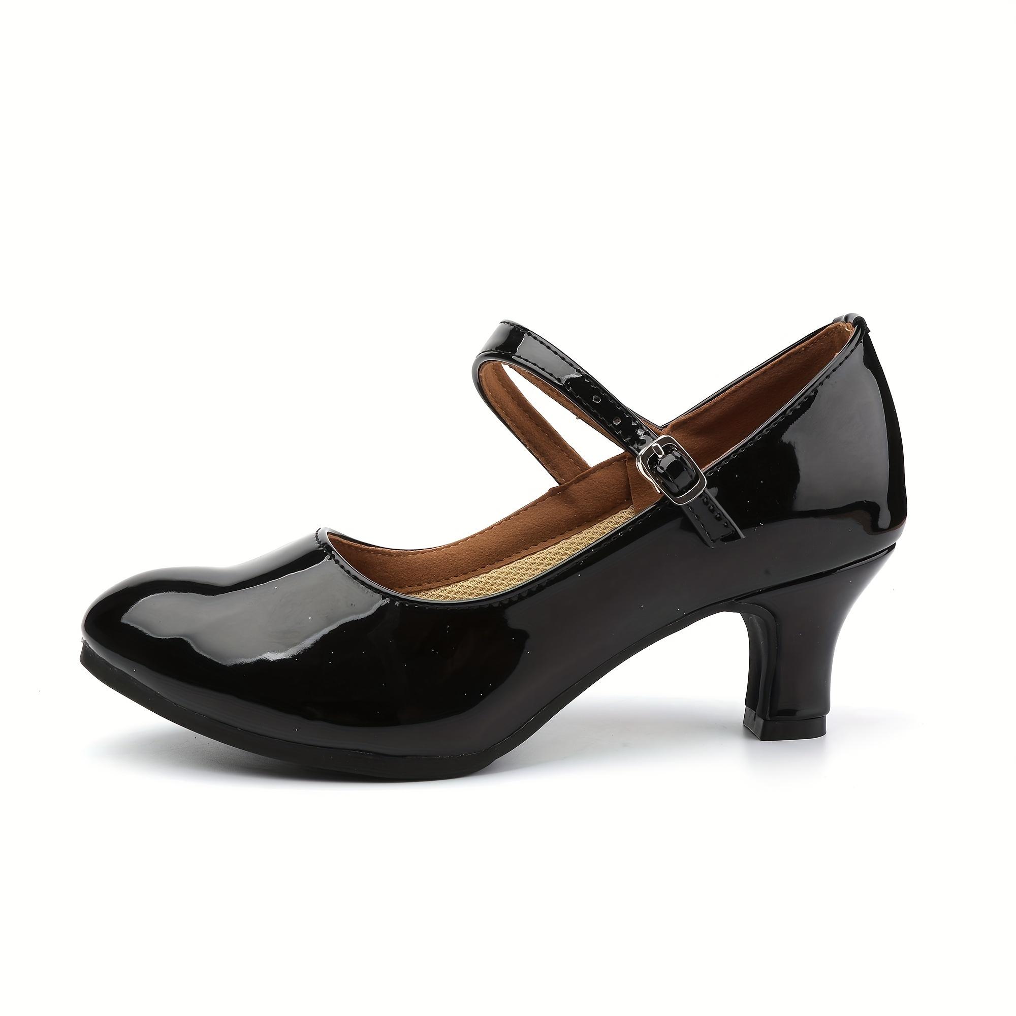 Women's Modern Dance Shoes, Black, Mid-Heel with Instep Wrap Straps, International Standard Dance Shoes, Double Straps with Buckles, Soft and Comfortable, Outdoor Rubber Sole Dance Shoes