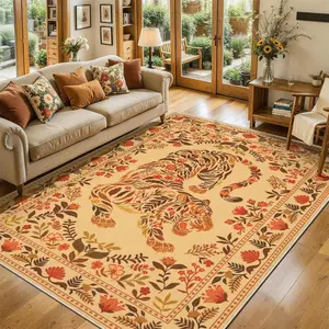 Forest Theme Living Room Rug, Plant Floral Design Tiger Carpet, Non-Slip Washable Mat, Soft Comfortable, Bohemian Style, Holiday Gift