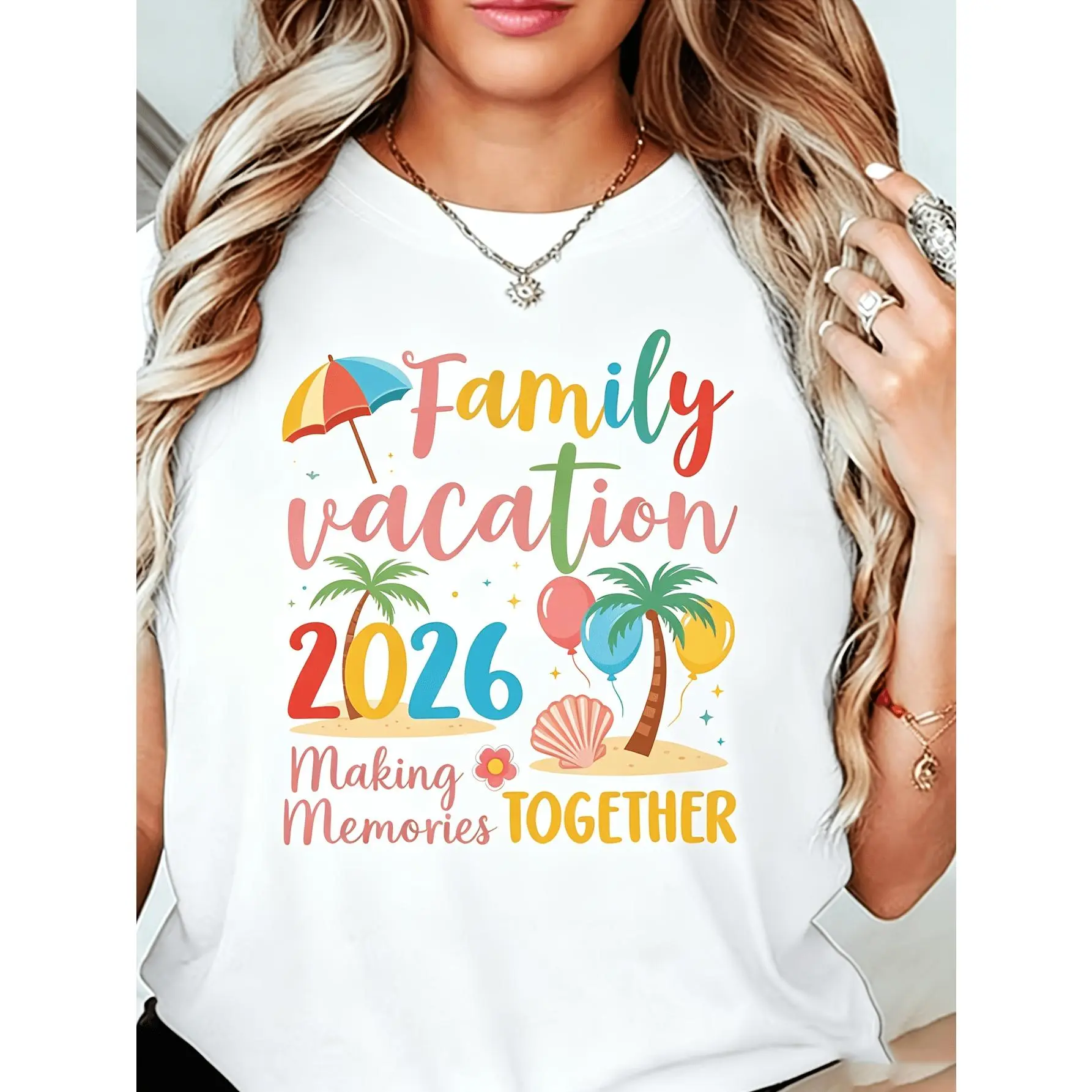 Mother'S Day Family Vacation 2026 Making Memories TOGETHER Letter Print Crew Neck Short Sleeve T-Shirt, 2026 Family Vacation Themed T-Shirt, Flip Flops Sun Slogan Decorated Casual Short Sleeve, Colorful Warm And Lively Family Vacation Outfit Top