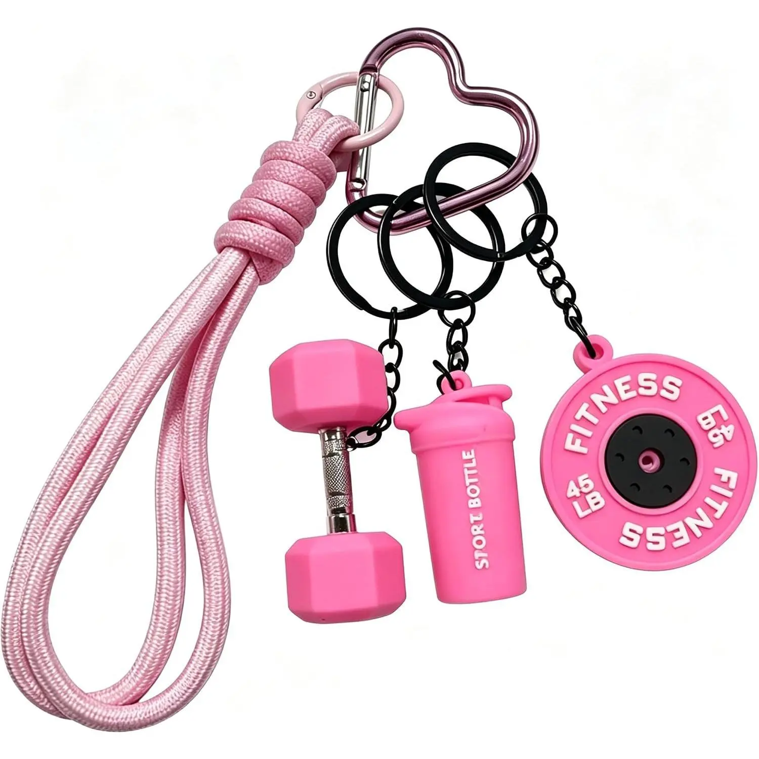 Fitness Keychain Gym Lover Gift, Dumbbell Protein Shaker Weight Plate Keyring with Carabiner Lanyard for Men Women