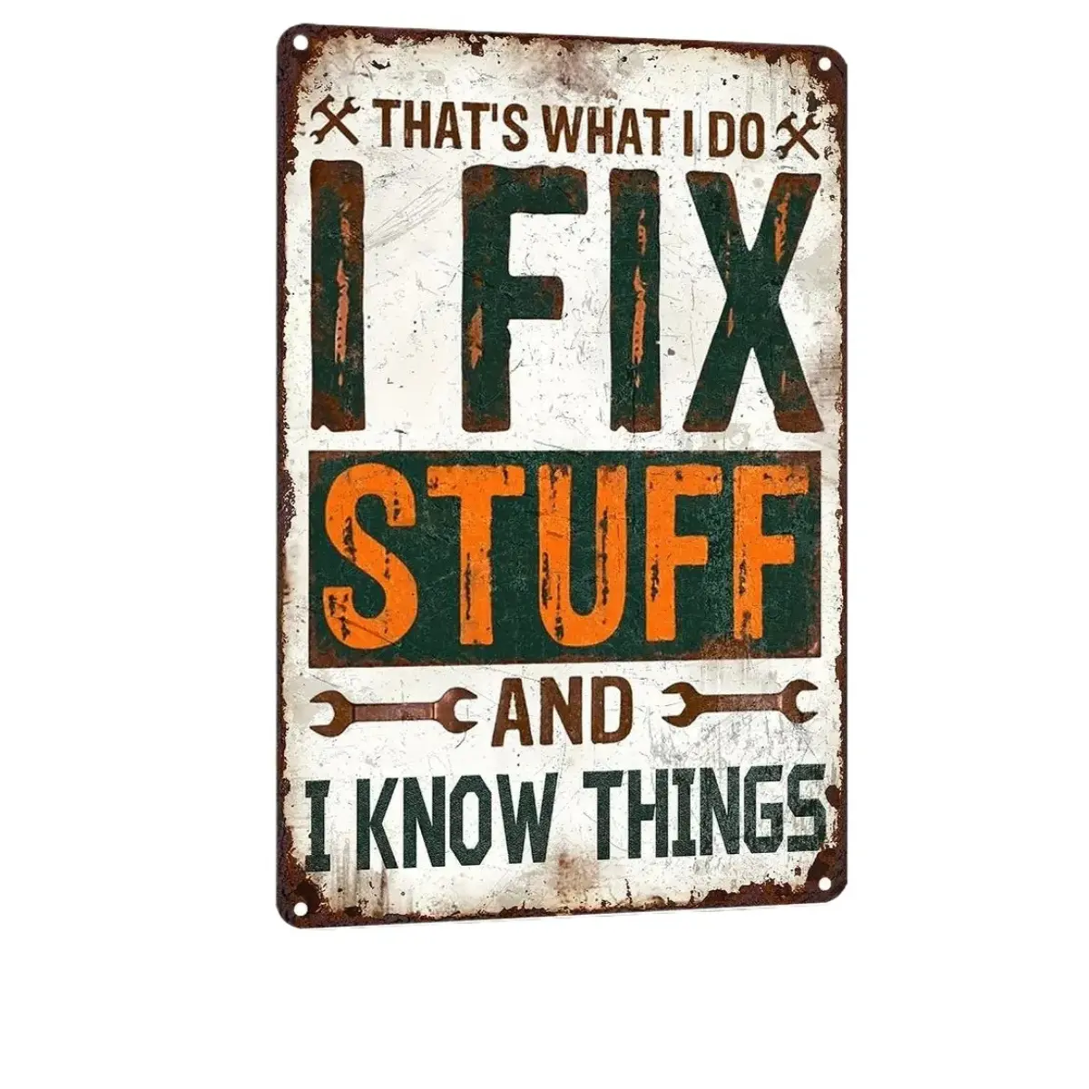 8x12 in Funny Mechanic Metal Sign - Basic "I Fix Stuff And I Know Things" Vintage Garage Wall Decor, Playful Handyman Gift for Dad, Nail & Screws Workshop Plaque, Auto Repair Shop Accent, Carpenter