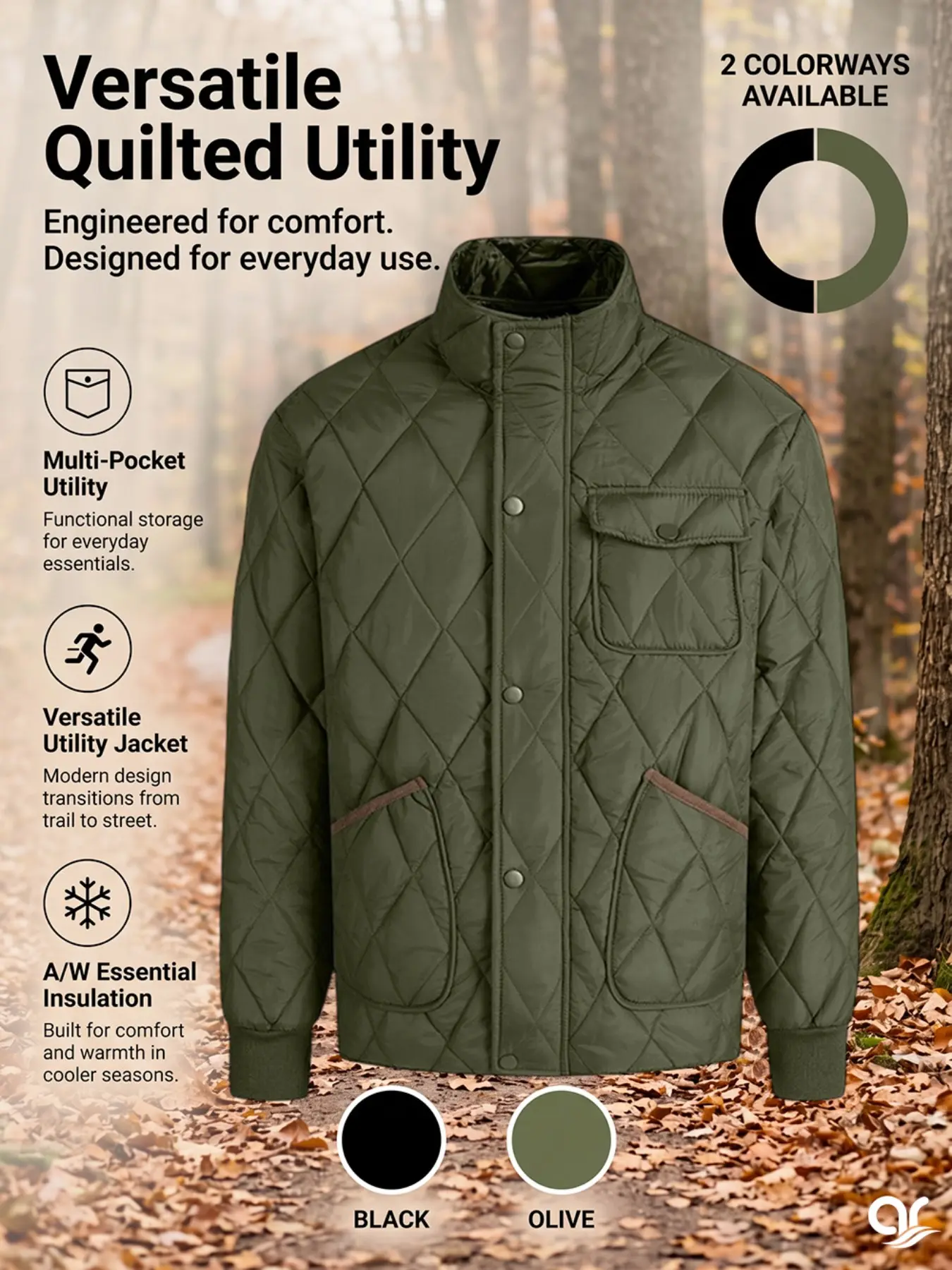 AR Men's Diamond Quilted Utility Jacket Stand Collar Lightweight Puffer Coat Fall Winter Warm Outerwear Casual Streetwear for Outdoor Hiking Golf & Daily Wear Multi-Pocket