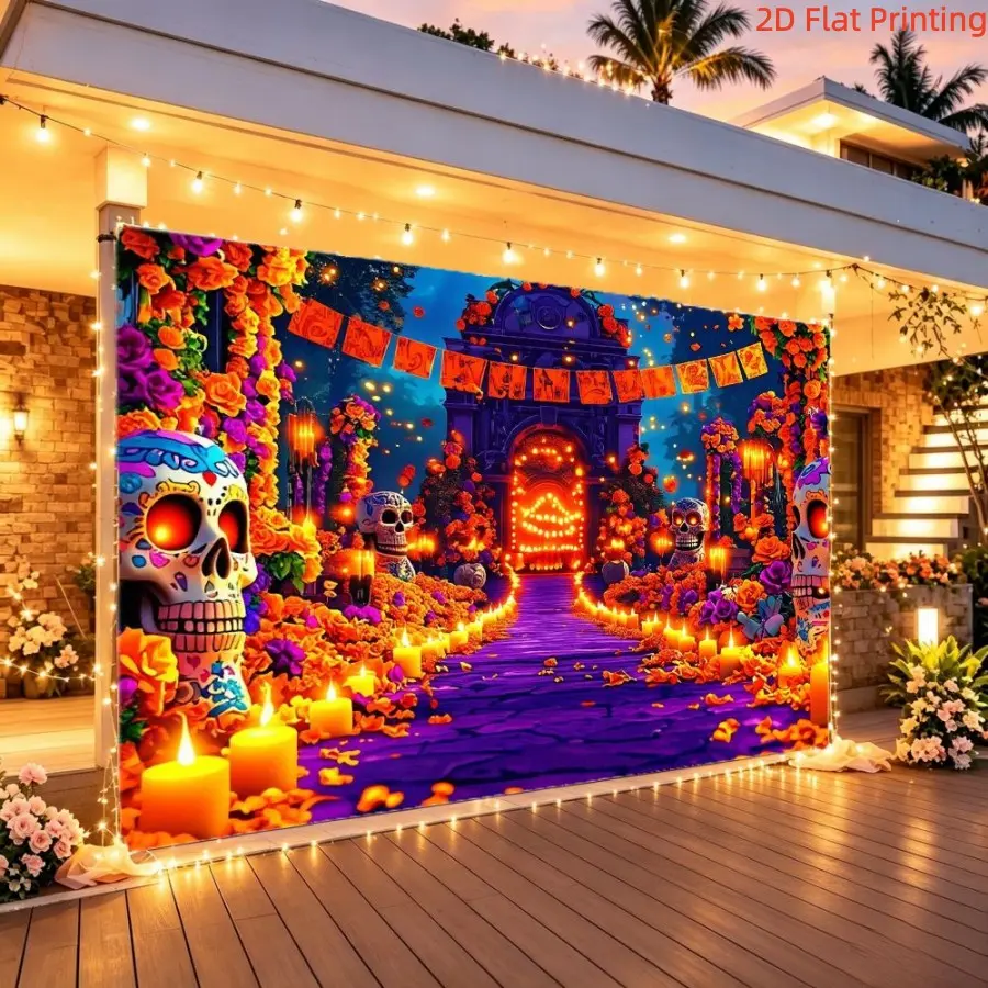 Mexican Day of the Dead Background Cloth, Skull and Marigold Arch Pattern, Polyester Banner, Halloween Party Decor, Photo Backdrop