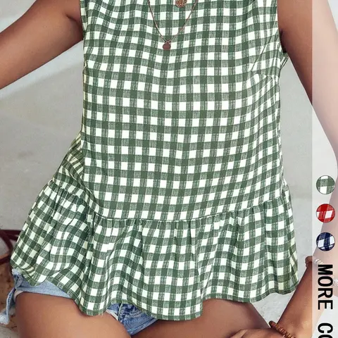 Women's Casual Aesthetic Green Plaid Print Sleeveless Top, Summer Tops Trendy Commute and Vacation Essential, Ruffled Hem Design, Perfect for Everyday Wear