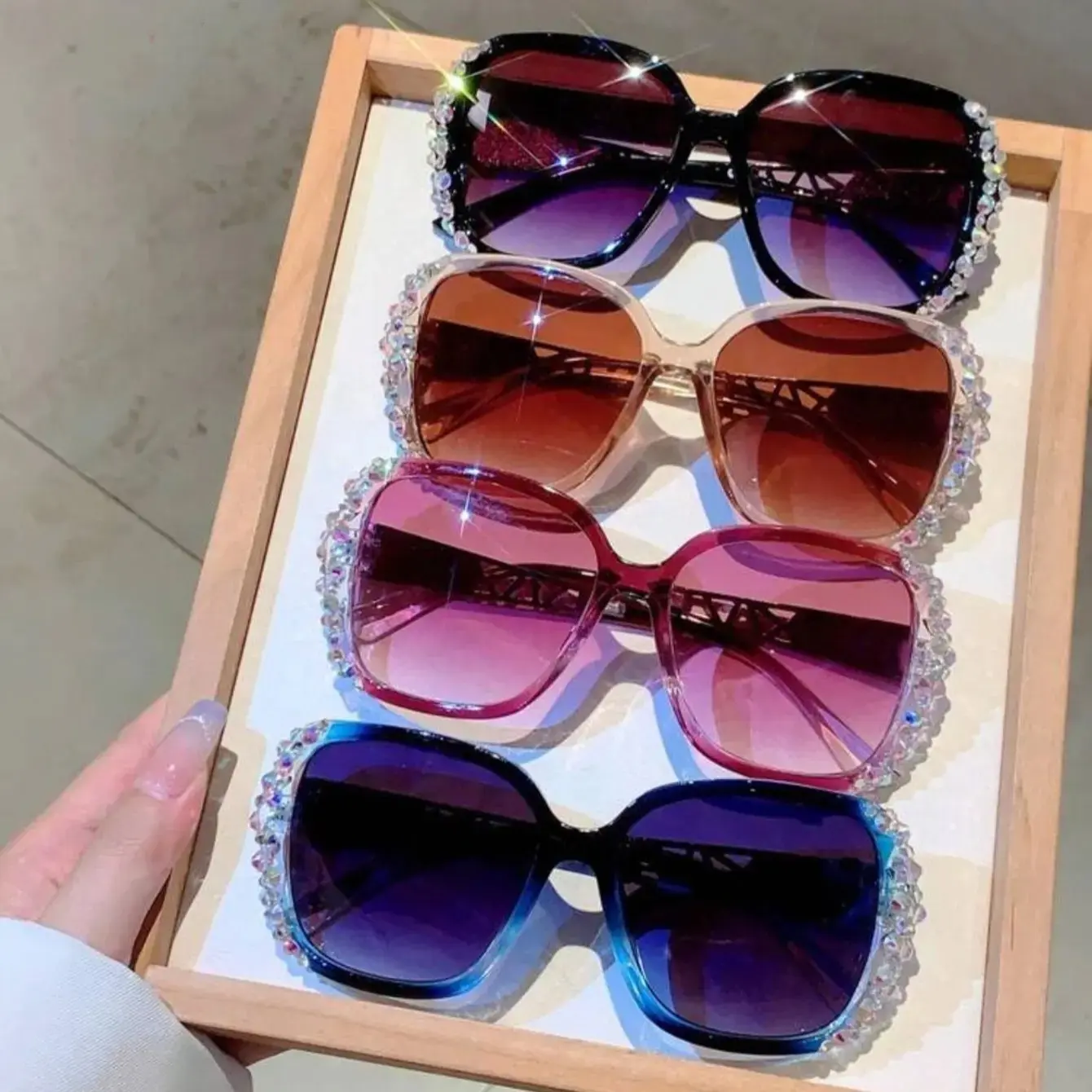 Women’s 4-Pack Diamond Studded Polarized Sunglasses with Glitter, Gradient Lenses, UV Protection, Durable Frame – Everyday, Party Outfit Eyewear (Bag Charm Accessory)