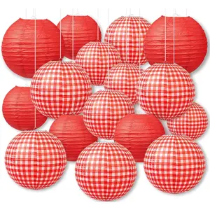 16 count Red Gingham Party Decorations - 10" & 8"  Paper Lanterns for Picnic, Pizza, BBQ, Italian Theme Party, Crawfish Boil & Summer Birthday Decor