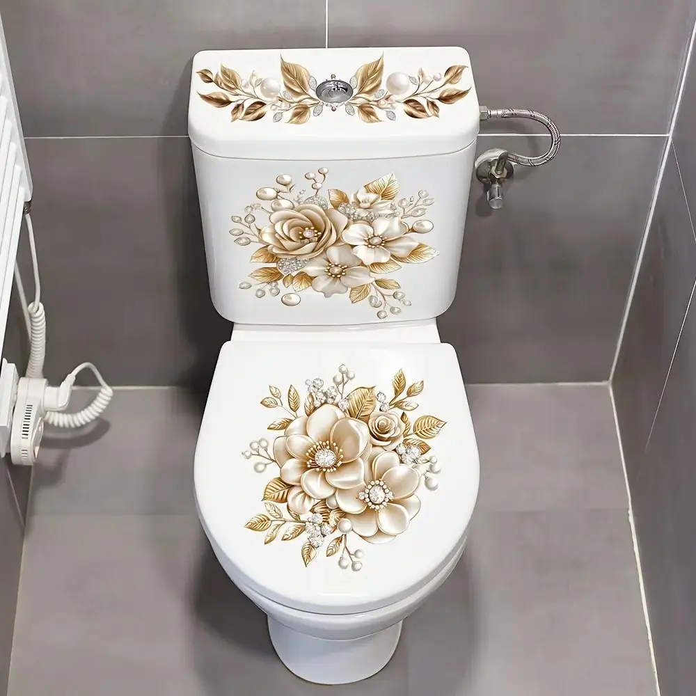 3 Piece Bathroom Sticker Set, Floral PVC Self-Adhesive Decorative Stickers, Matte Finish Irregular Shape Luxury Design
