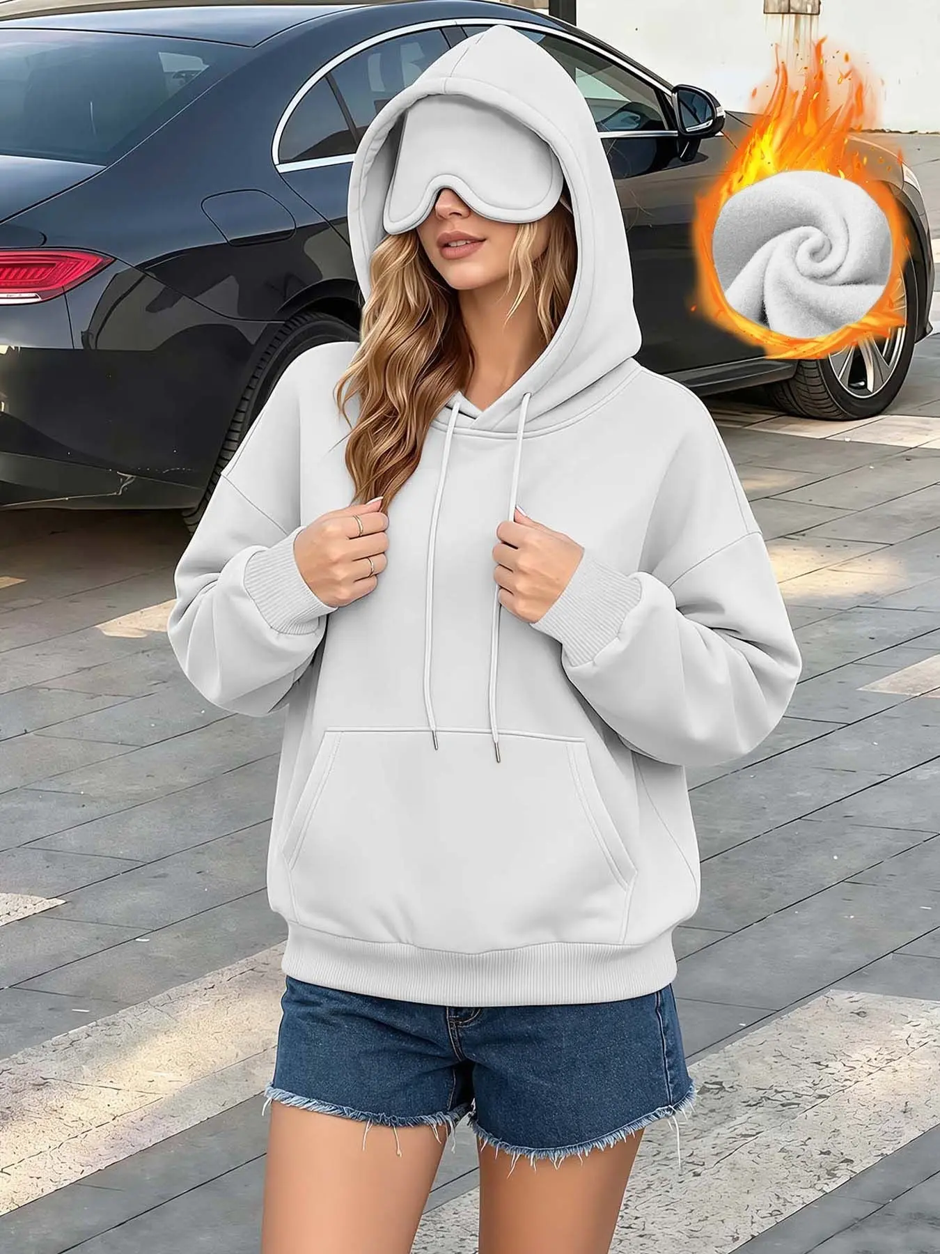 Autumn Winter Fashion Combo Hoodie Sleep Eye Mask Cozy Lazy Style Pullover Hoodie Casual Daily Wear