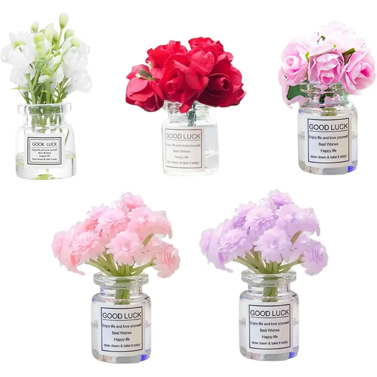 5Pcs Mini Flower Vase Car Dashboard Decorations Cute Self-Adhesive Mini Vase with Artificial Flowers Ornaments Interior Car Accessories Flower, Dashboard Decorations