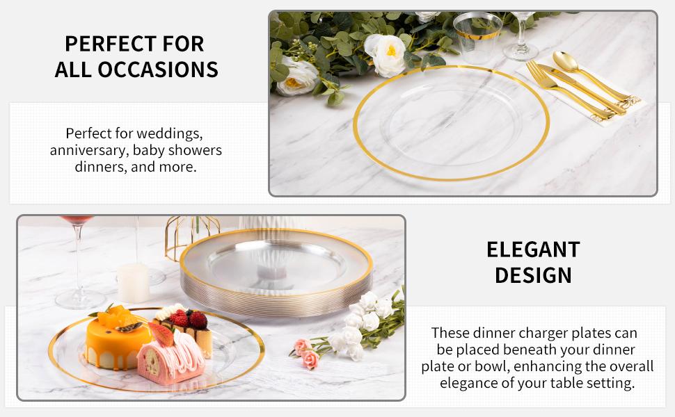 Goodluck 12 Inch Gold Rim Charger Plates 50 Pack Clear Plastic Disposable Plates for Dinner Wedding Party Christmas Anniversary Birthday Eco-Friendly & Sturdy - Ceremony