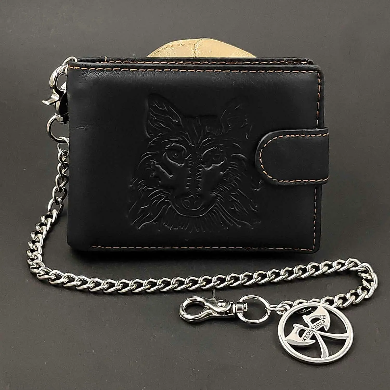 Vintage Wolf Pattern Leather Biker Wallet Jean Key Chain Cash Card Purse For Men