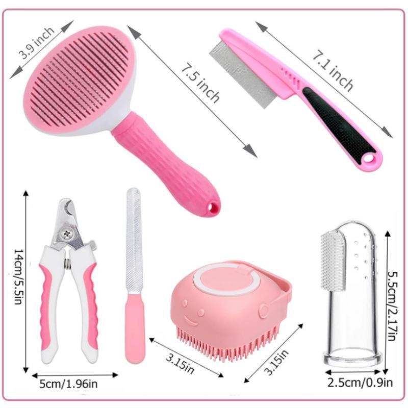 7-Piece Pet Grooming Kit for Cats & Dogs: Self-Cleaning Slicker Brush, Nail Clippers, File, and Shedding Remover