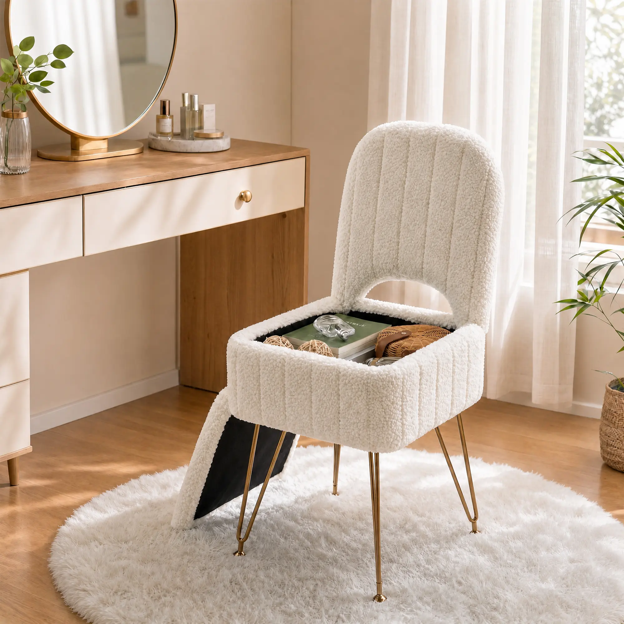 Modern Vanity Stool with Backrest and Hidden Storage, Large Square Ottoman Makeup Chair for Bedroom, Soft Fleece Fabric Dressing Vanity Seat with 280 lbs Capacity