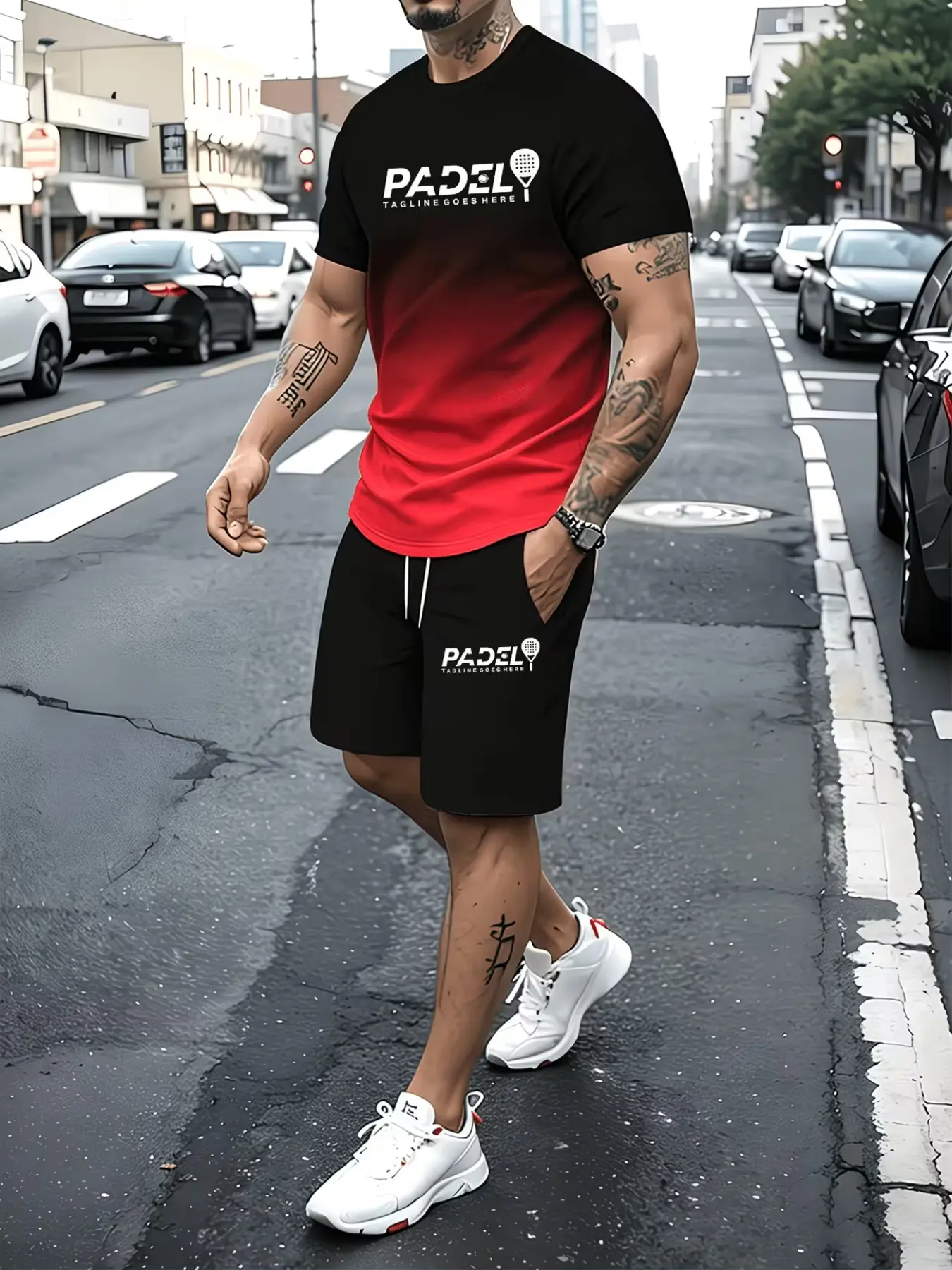 Men's 3D Short Sleeve Tee and Shorts Set, Gradient Padel Sports Two-Piece, Graduated T-Shirt + Drawstring Shorts, Multicolor Options