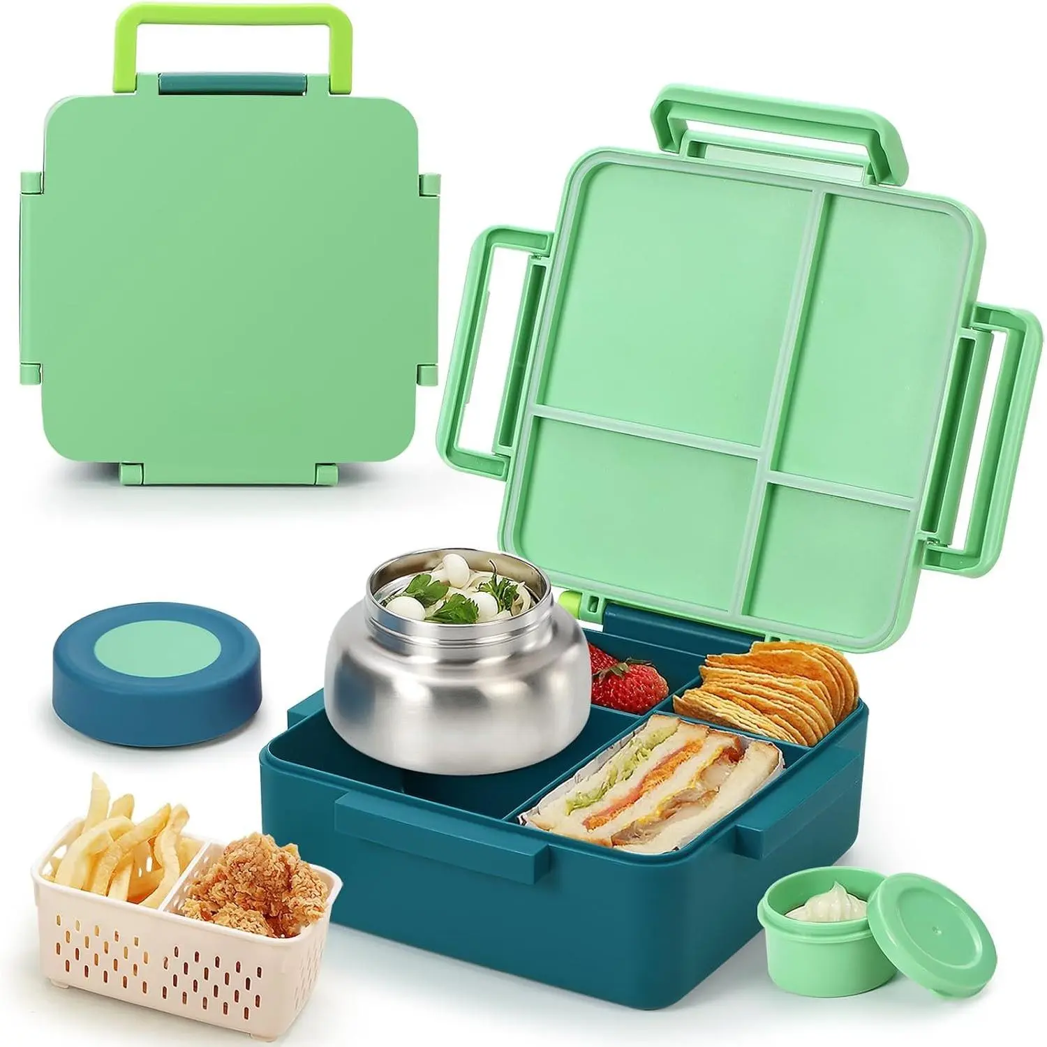 Bento Box for  with , [Large Capacity] Insulated Lunch Box  with 4 Compartment for Ages 3+, Drop-Proof & Dishwasher Safe Lunchbox Container Green