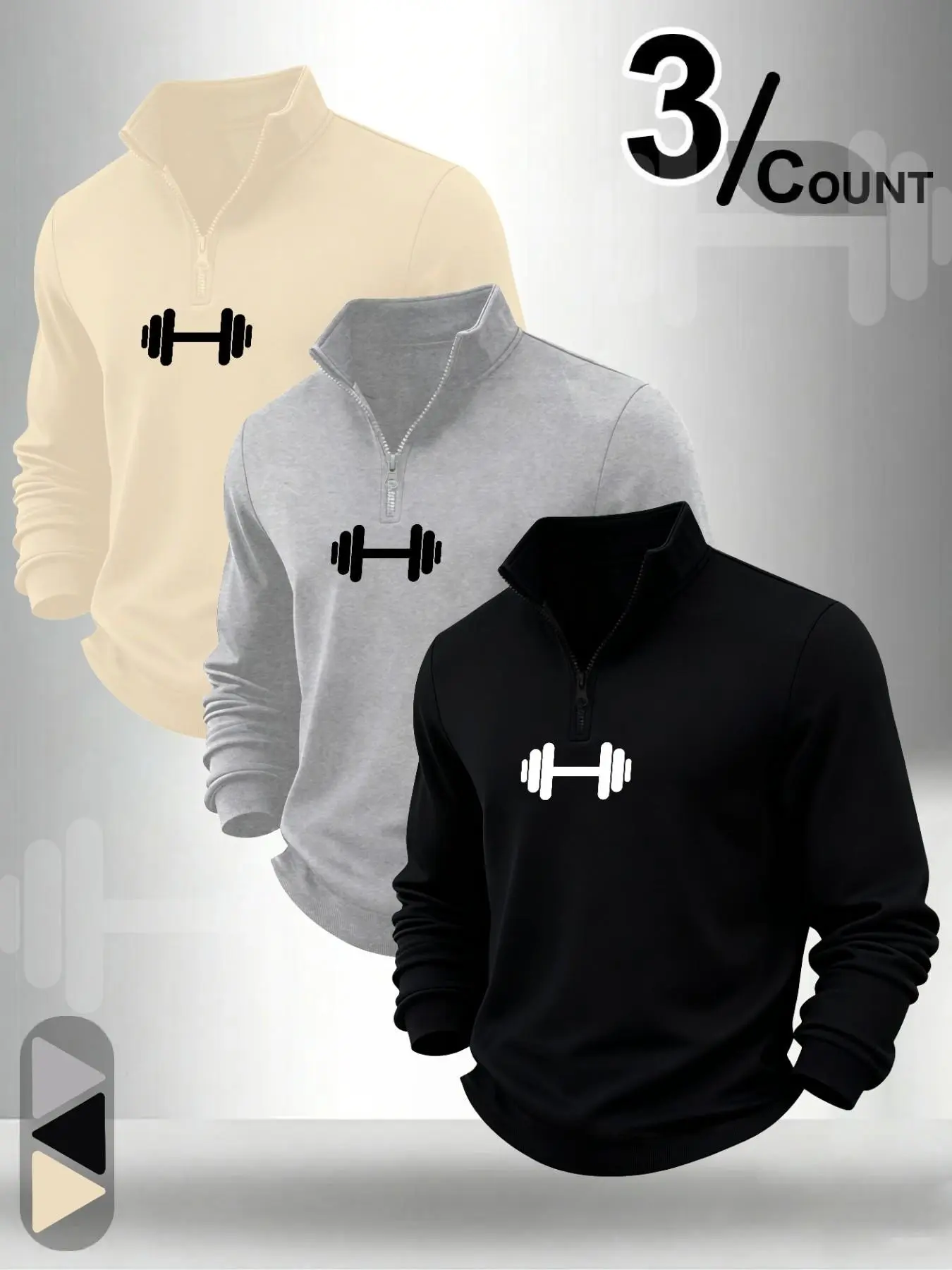 Three-Piece Minimalist Dumbbell Print Men's Half-Zip Stand Collar Sweatshirt Long Sleeves, Fitness Commute Dual-Use Casual Pullover
