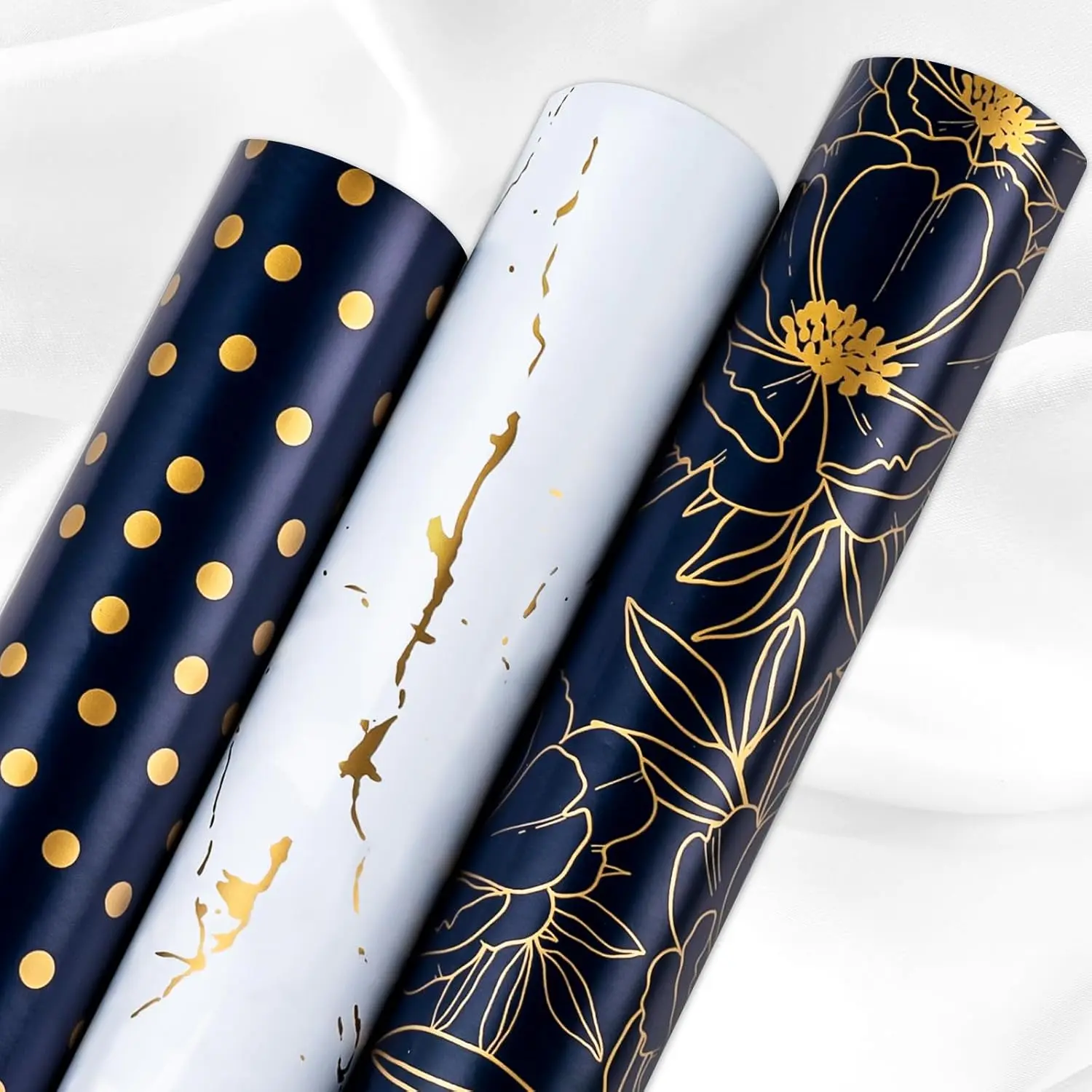 Wrapping Paper Roll - 17 Inch X 120 Inch Per Roll Luxury Navy  Flower, Polka Dot & White  Marble  Wrap Paper for Men Birthday, Father's Day, Christmas, Holiday, Graduation