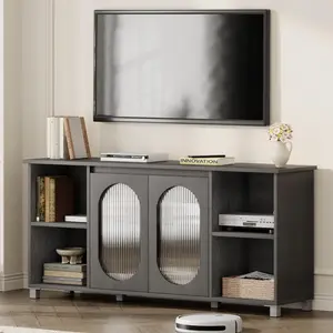 GARVEEModern Entertainment Center and Media Console with Corrugated Glass Cabinet Doors, Suitable for 60-70 Inch Televisions, Offering Multiple Storage Options Including Open Shelves, Available in Black and White & Dark Brown Finishes