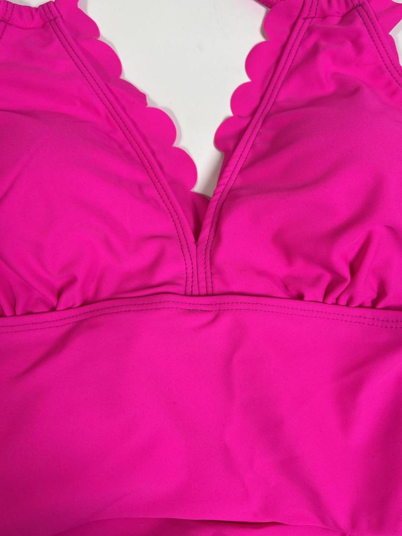 Women's Solid Color Scallop Trim Deep One-Piece Swimsuit, Casual Comfortable Adjustable Strap Tie Back Backless Sleeveless Swimwear for Beach Holiday Vacation