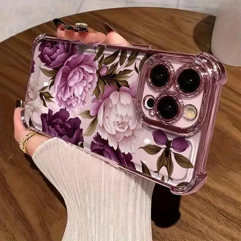 Purple Peony Pattern, Four-corner Electroplating Anti-drop, Non-slip TPU Full-cover Lens Mobile Phone Protective Case, Suitable for IPhone 17 16 15 14 13 12 11 XS X and Other Series Models, Can Be Given As A Gift To Friends or Family