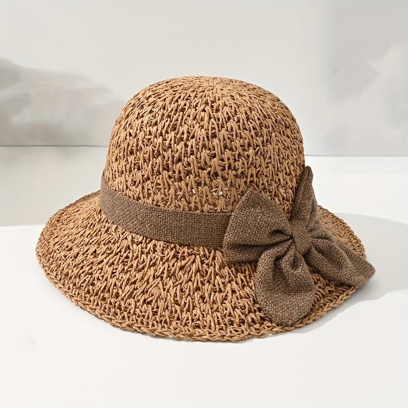 Versatile retro woven handmade straw hat with ruffled bow, elegant French sun hat, foldable, breathable travel beach hat.