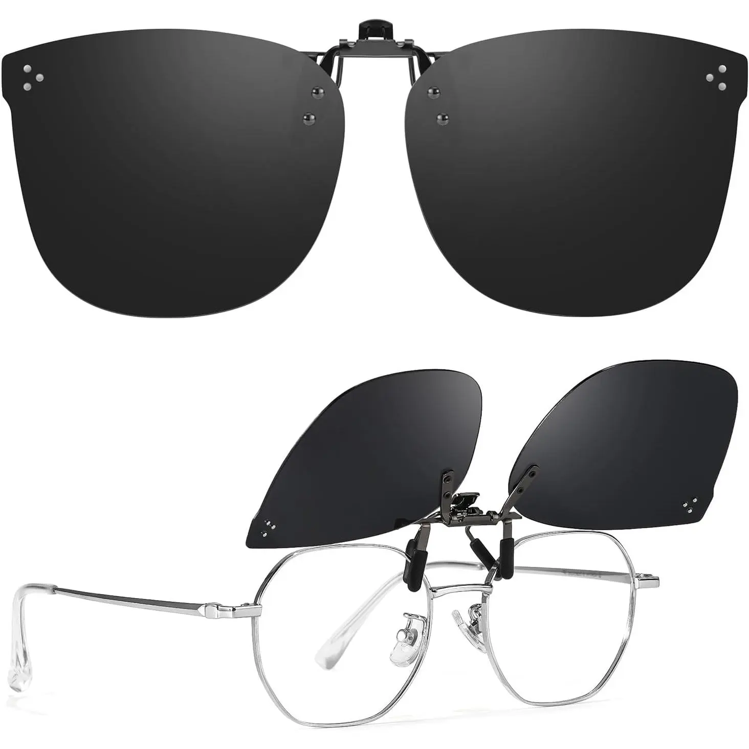 Clip- Sunglasses Over Prescription Glasses | Polarized Lens, UV400 Protection, Flip-Up Sun Shades, Metal Clip, Driving, Outdoor, Travel Use