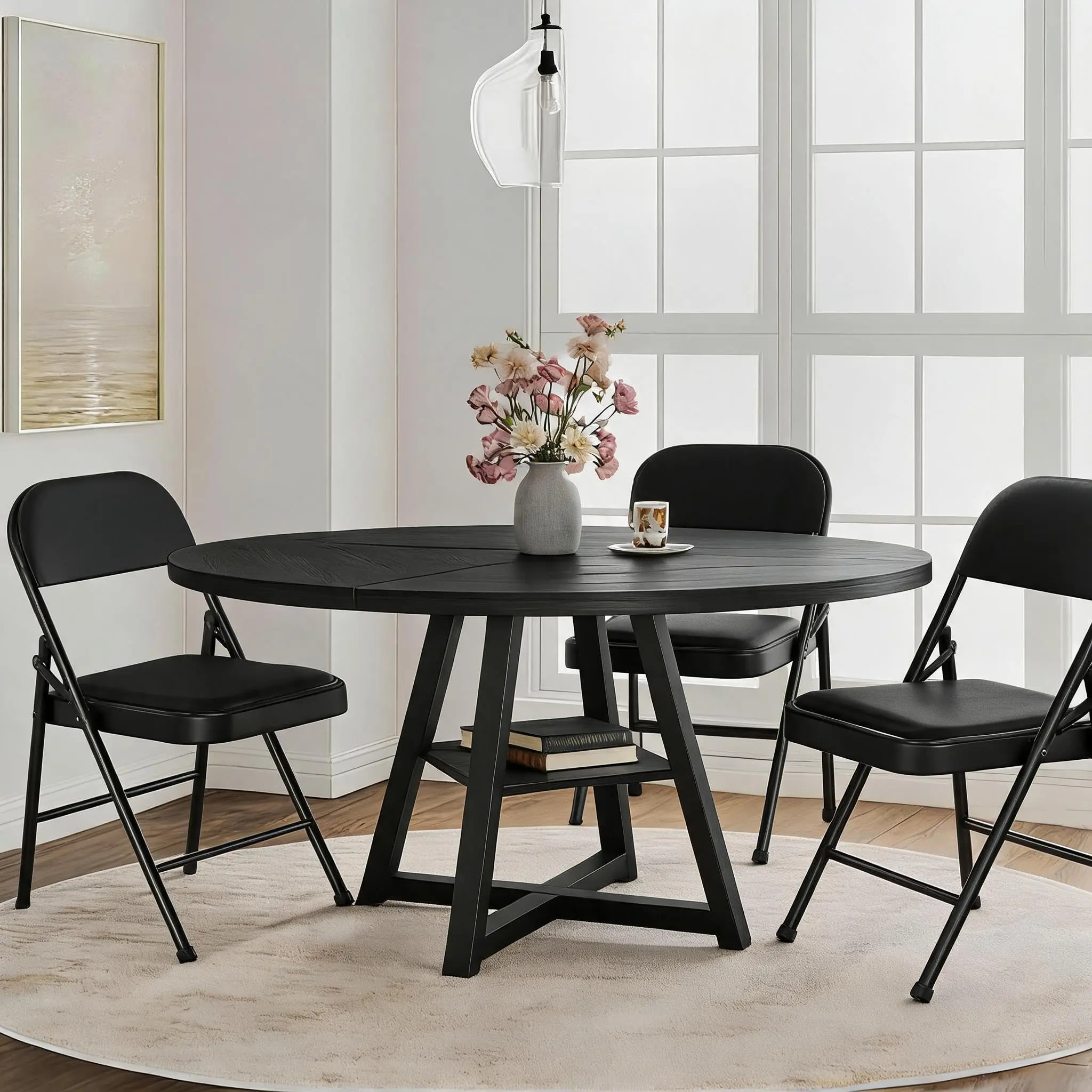 GAOMON 47.24" Round Dining Table Sets in 3-piece and 5-piece Options with Folding Chairs for Flexible Seating and Space Efficiency