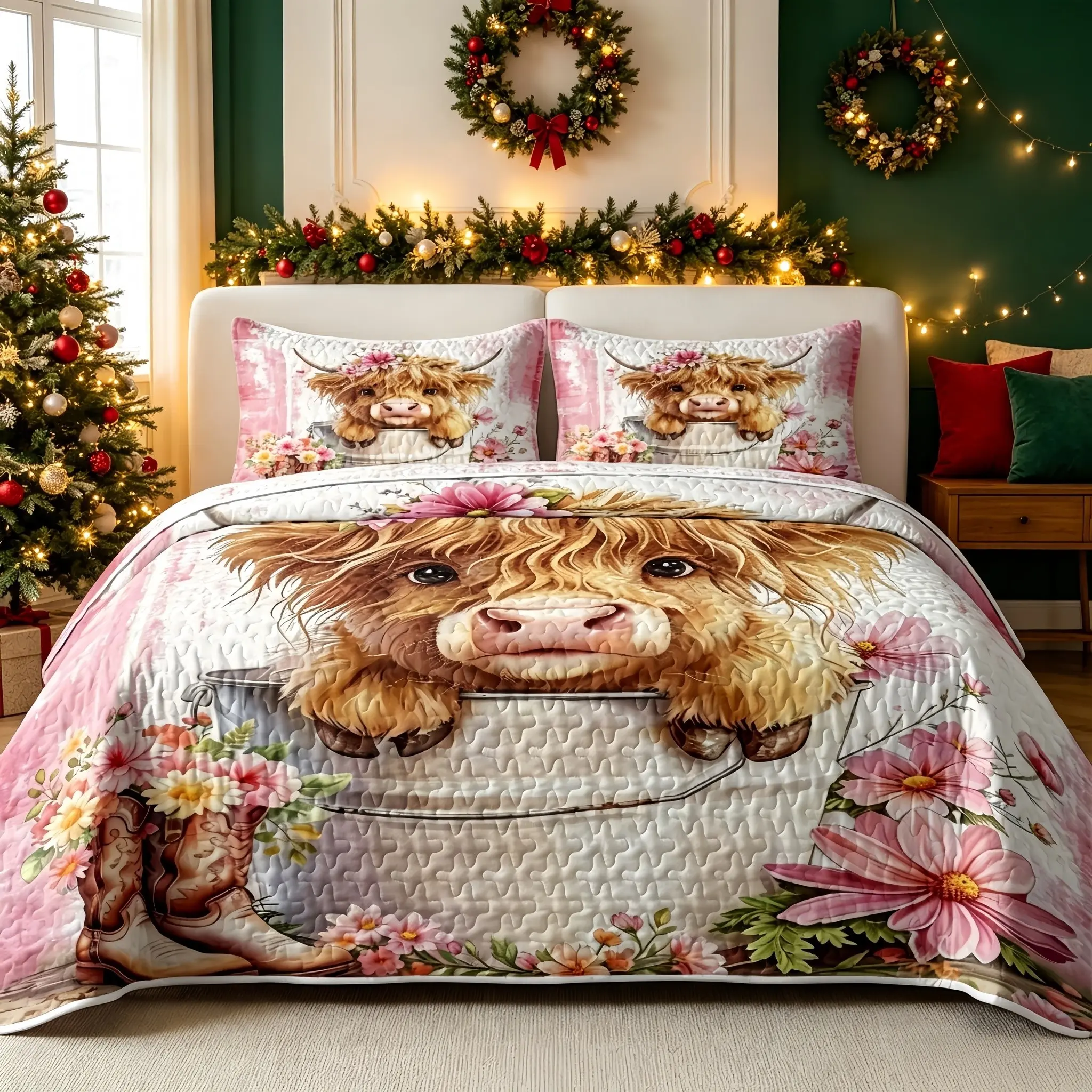 Cute Highland Cow Quilted Bedding 3-Piece Set, Highland Cow Pink Wildflower Print Quilted Bedspread Set, Soft and Lightweight Reversible Bedding for Bedrooms and Guest Rooms, Includes 1 Quilt + 2 Pillowcases, Cozy Bedding Set